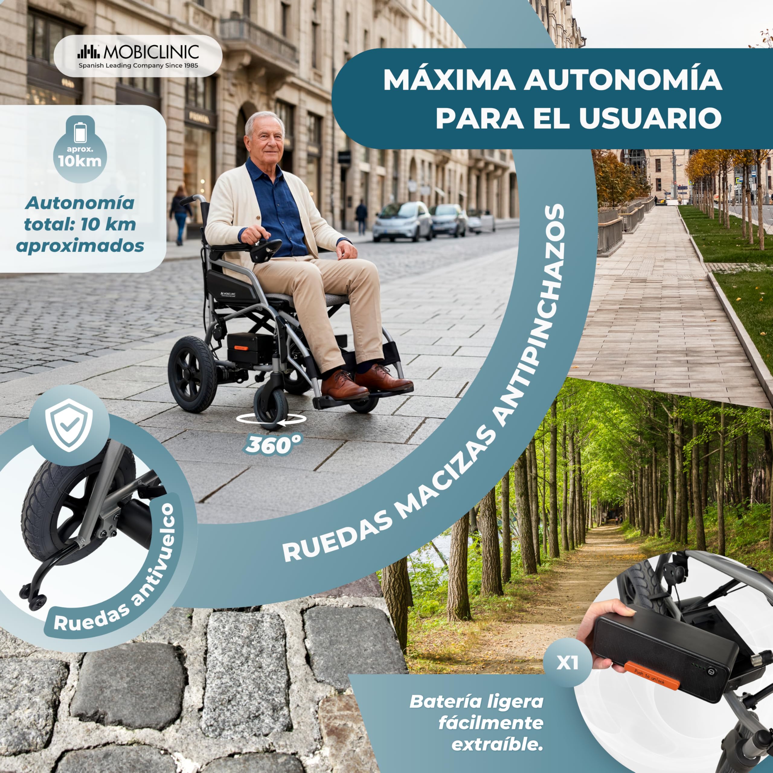 Mobiclinic®, Silla de Ruedas Eléctrica, Plegable, Autonomía 10 km, Freno Electrónico, 24V 5,2Ah, Modo Automático y Asistido, Hasta 100 kg, Sistema Antivuelco, Hasta 6km/h, Motor 130W, Mara
