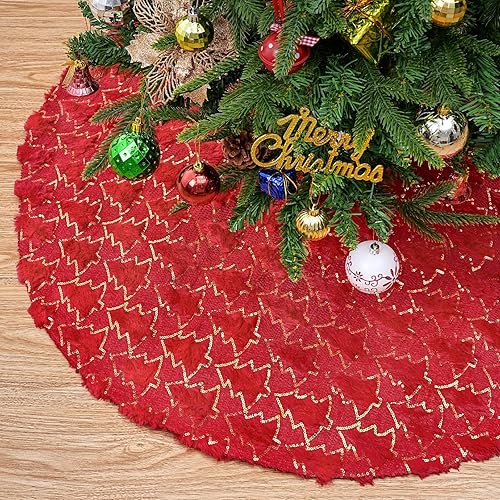 Miniatura 23 de Falda de árbol de Navidad de 48 pulgadas, falda de árbol de piel sintética de lujo con copos de nieve dorados y lentejuelas, alfombrillas grandes