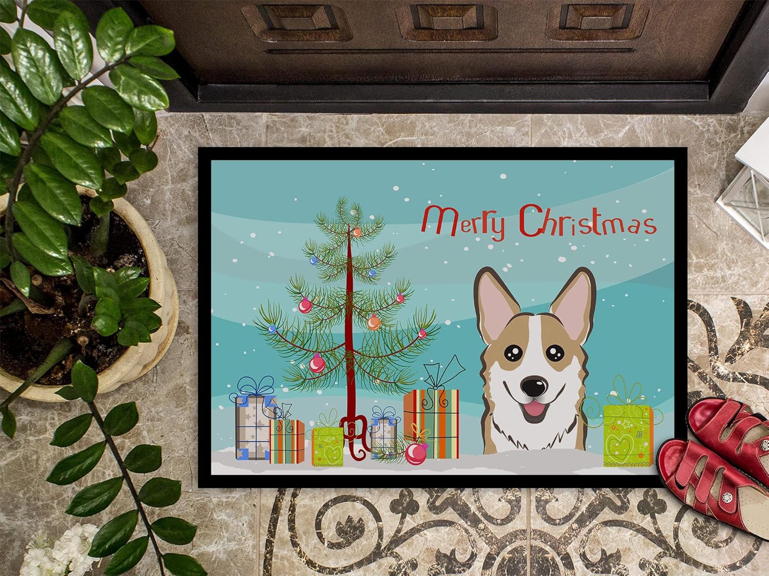 Caroline's Treasures BB1625MAT Christmas Tree and Sable Corgi Doormat 18x27 Front Door Mat Indoor Outdoor Rugs for Entryway, Non Slip Washable Low Pile, 18H X 27W