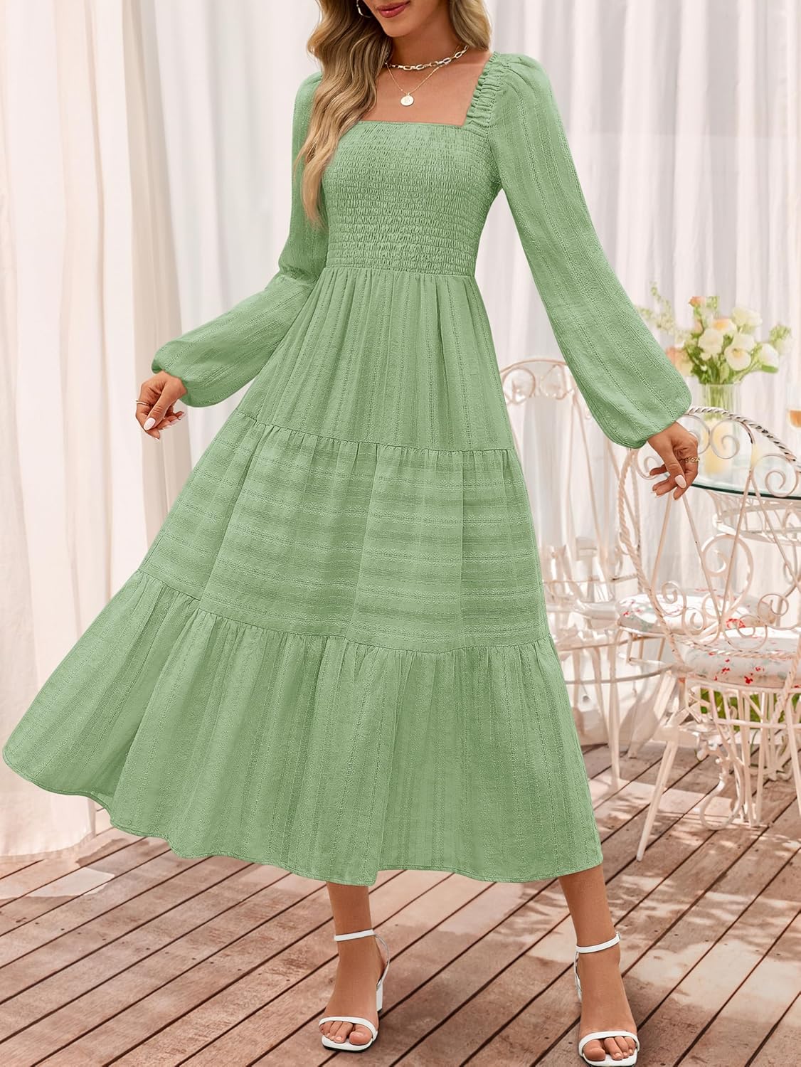 MEROKEETY Women's 2025 Long Sleeve Fall Dress Square Neck Smocked Flowy Tiered Casual Maxi Dresses with Pockets - Image 7