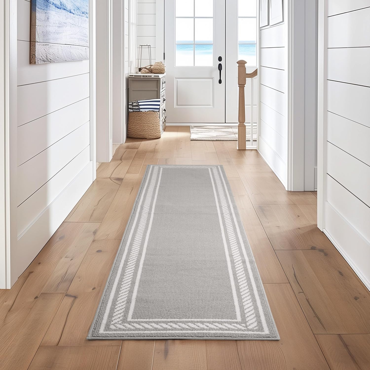 Nautica – Runner Rug | Indoor Runners for Hallways and Entry Rugs| Non-Slip and Non-Skid Entry and Kitchen Door Mat| Machine Washable Entryway Carpet Rugs | 2'2" x 8'| Rope Border Light Grey Rope Border Light Grey 2'2" x 8' (Rectangular)