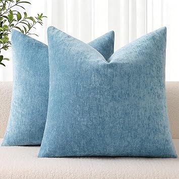 decorUhome Chenille Grey Blue Throw Pillow Covers 18x18 Inch Set of 2, Decorative Soft Couch Pillow Covers Solid Dyed Accent Farmhouse Neutral Square Pillow Cases for Sofa