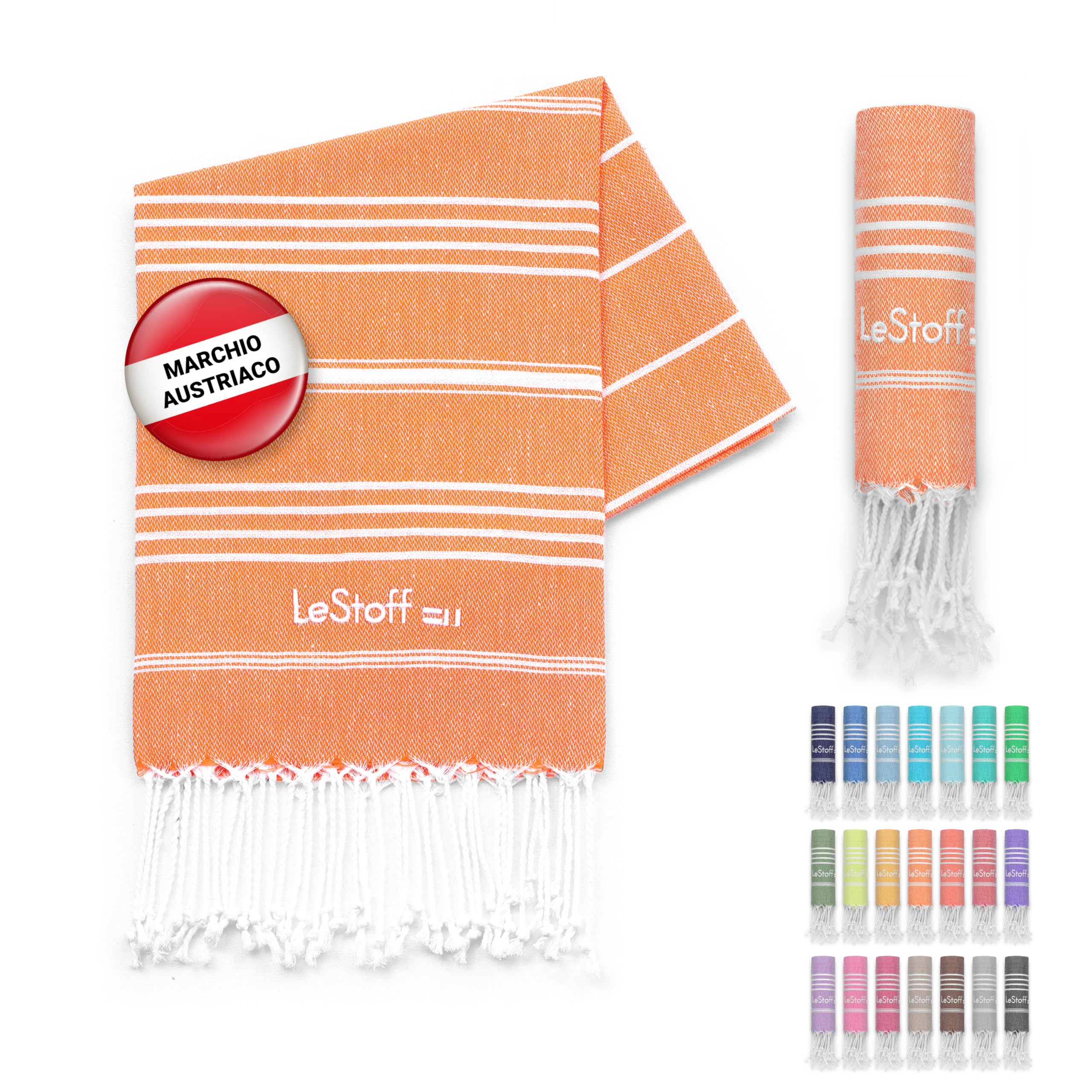 LeStoff Telo mare - 100% Cotone bio, 50 x 100 cm, Prelavato, Assorbente, Asciugatura Rapida, Leggero, Fouta, Telo Ospite, Telo Doccia, Telo Yoga, Telo Benessere, Asciugamano Sportivo (Orange)