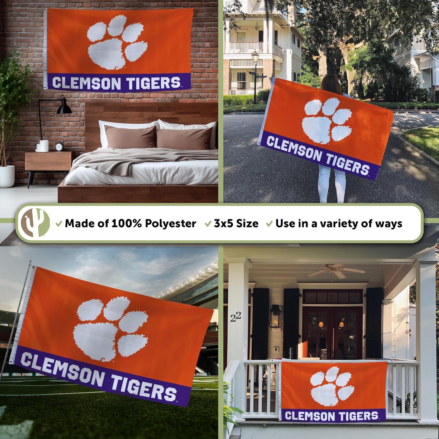 Desert Cactus Clemson University CU Flag - 3 x 5 Feet Tigers Banner, Indoor/Outdoor Durable Fabric, 100% Polyester Design (Style Q) - Image 3