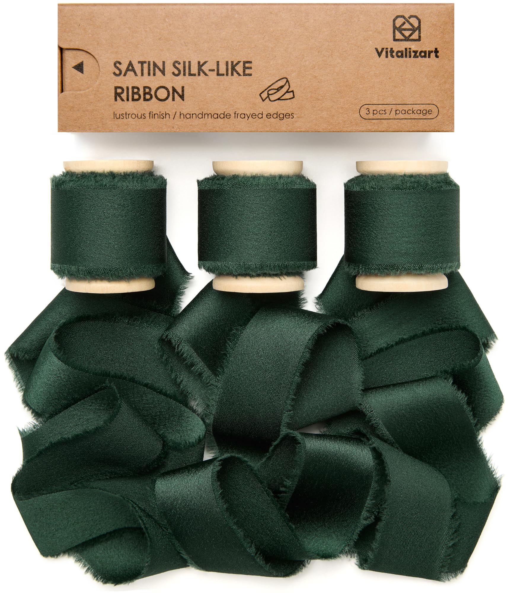 Vitalizart Silk Satin Ribbon 1" x 15 Yds Wooden Spool Dark Green Handmade