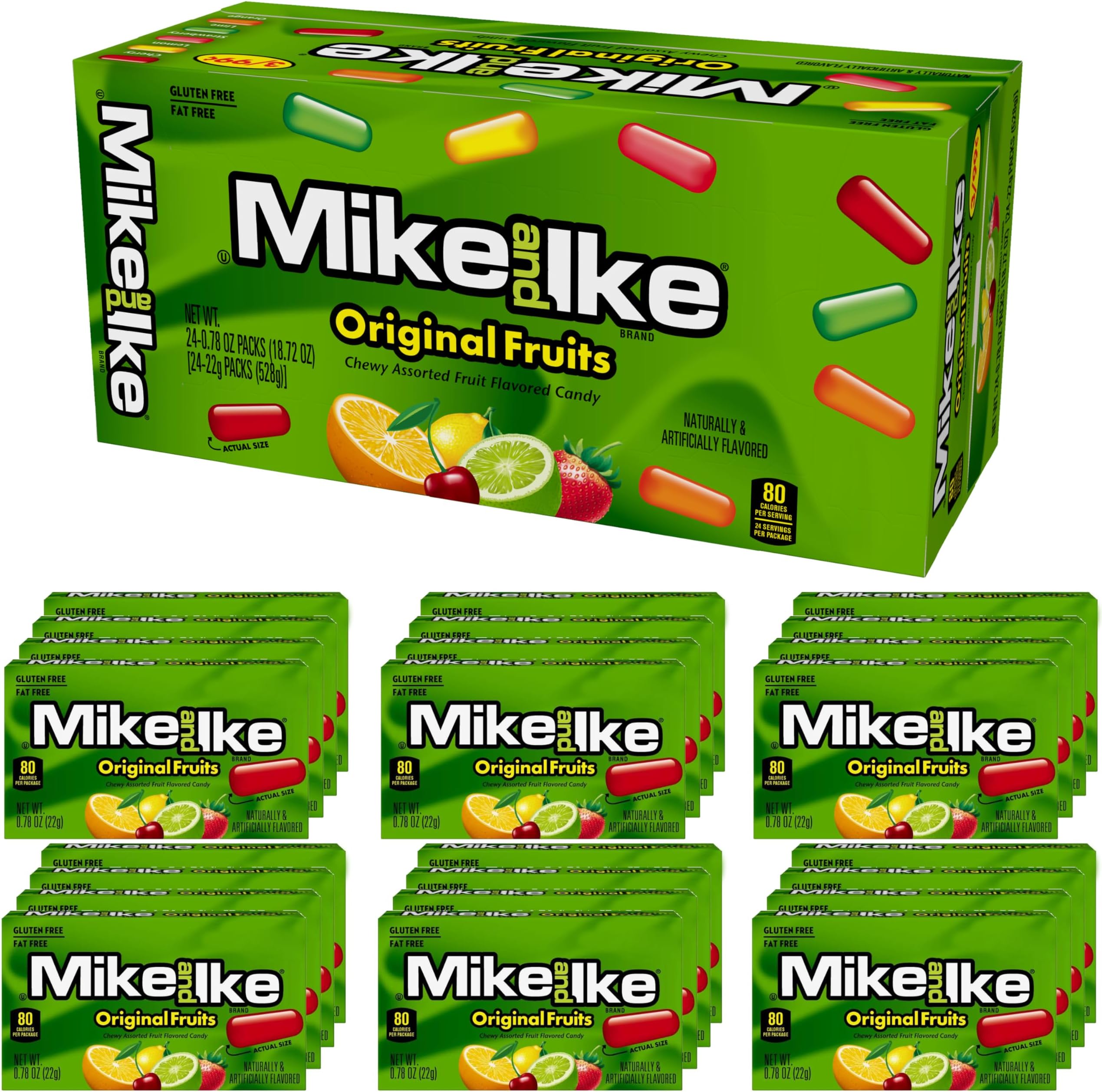 Mike and Ike Original Fruits Candy, 0.78 Ounce Box (Pack of 24-18.72 Ounce Total), Chewy Candy, Vending Machine Candy