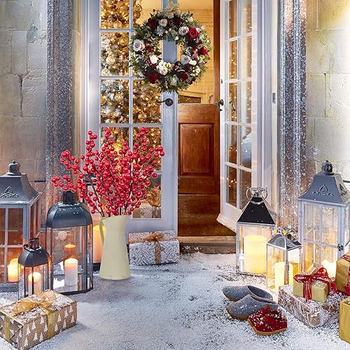 Miniatura 7 de Lvydec Paquete de 4 tallos artificiales de bayas rojas, ramas de bayas de acebo de Navidad de 17 pulgadas para decoración del hogar y manualidades