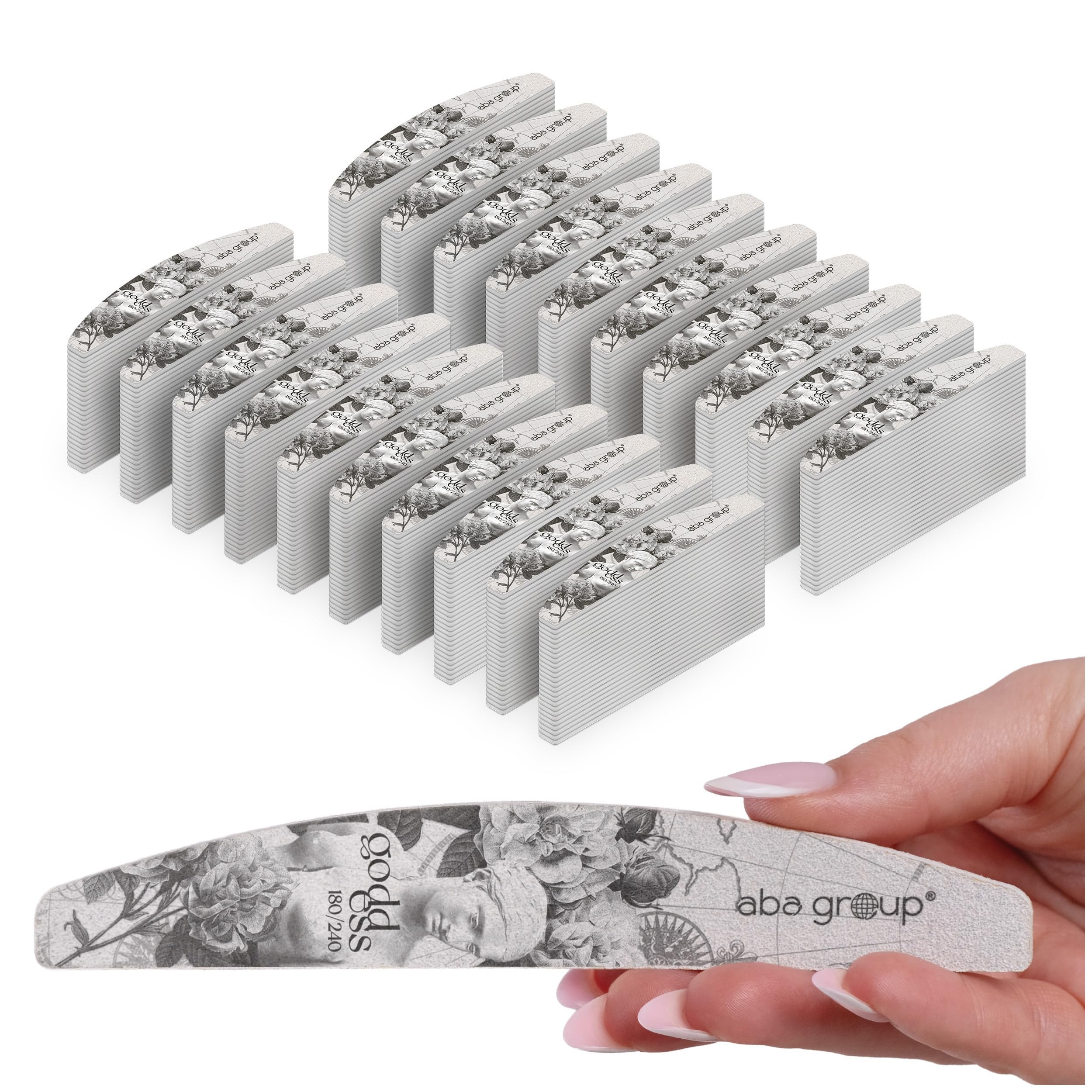 ABA GROUP Goddess - Lima per unghie 180/240-500 pezzi – Mezzaluna 4 mm di spessore – Strumenti professionali per unghie in gel e naturale, lime per unghie in gel, frecce su due lati, set per nail art