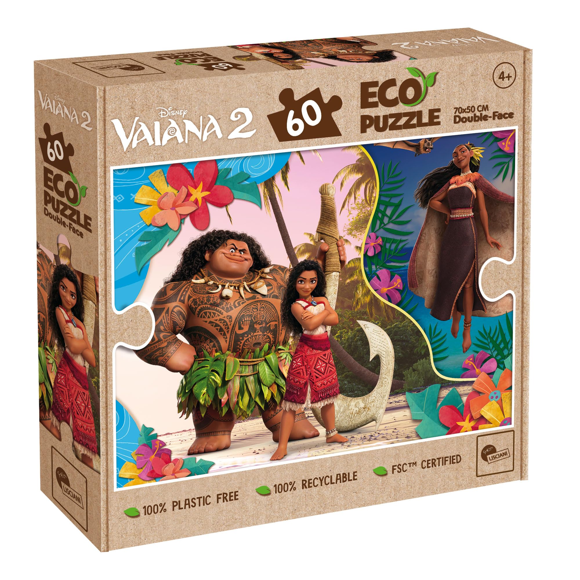 Lisciani - DISNEY VAIANA 2 Puzzle - 60 Piece Double Sided Puzzle for Children from 4 years - Coloured Back - Format 50x70 cm - Vaiana Manual Activity - 100% Recyclable - Birthday Gift Idea