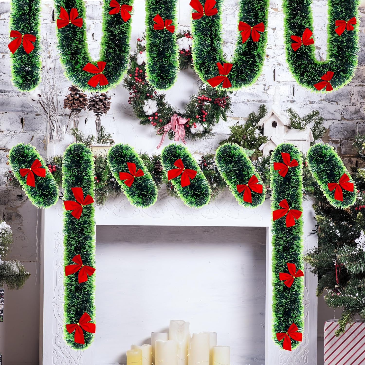50Ft Christmas Tinsel Garland, Metallic Christmas Tree Garland with 40 Red Bows, Hanging Holiday Streamers Decorations for Xmas Holiday Wreaths Indoor Outdoor Party Supplies