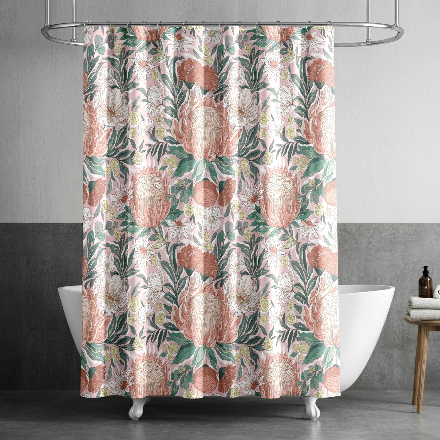 Fabric Shower Curtain for Bathroom | Floral Blooms Fabric Shower Curtain with Classic Flower Pattern in Pink Green and White | Water-Repellent Machine-Washable Set Includes 12 Stainless Steel Hooks