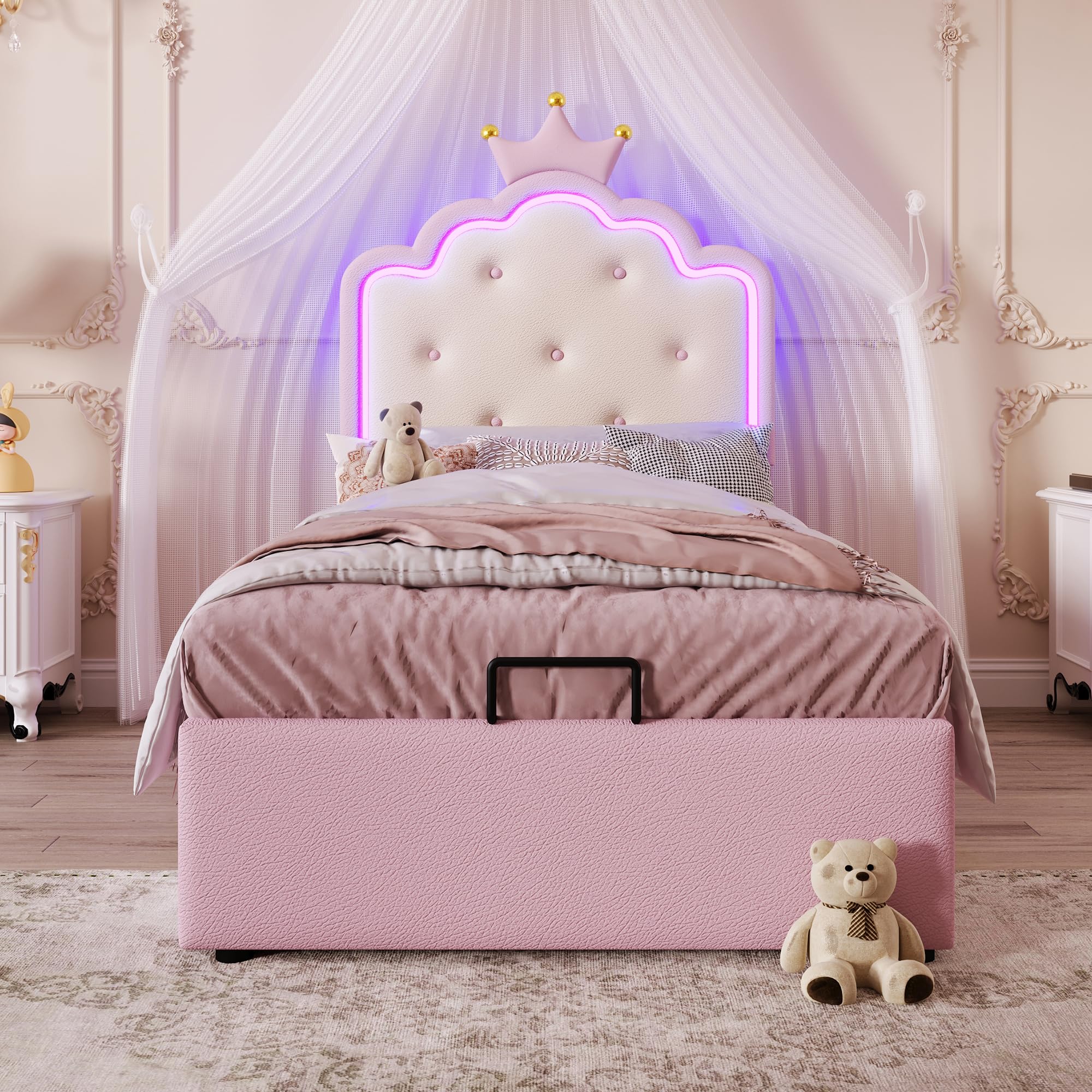 Lubvtti Cama Acolchada 90x200 cm con luz Ambiental,Cama Individual con contenedor,Cama Infantil,Forma de Corona de Princesa,Cama con almacenaje,con somier de láminas,PU