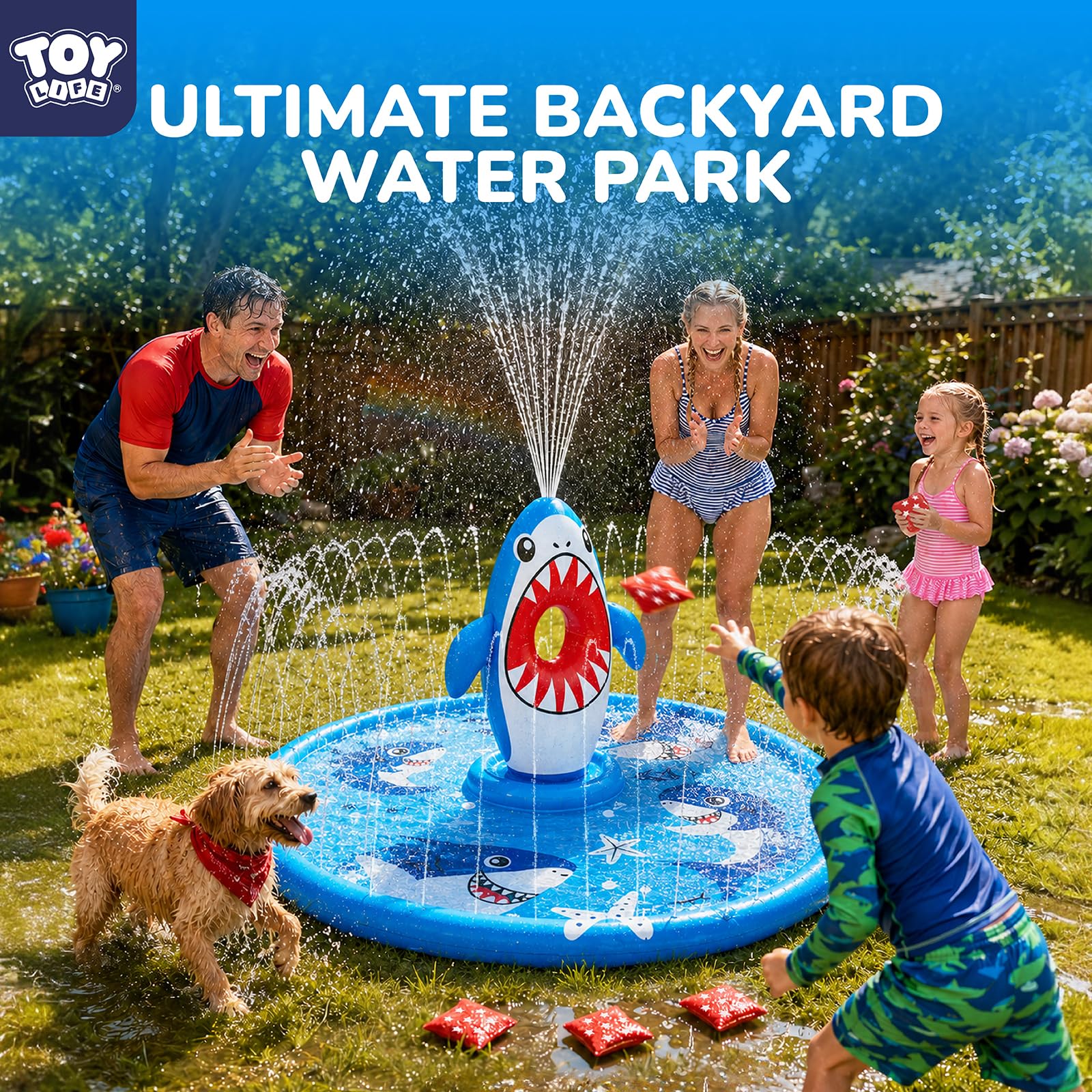TOY Life Shark Splash Pad per bambini e cani, extra large, 178 cm, piscina con irrigatore all'aperto, per bambini dai 1 ai 3 anni, tappetino da gioco resistente antiscivolo per il divertimento estivo