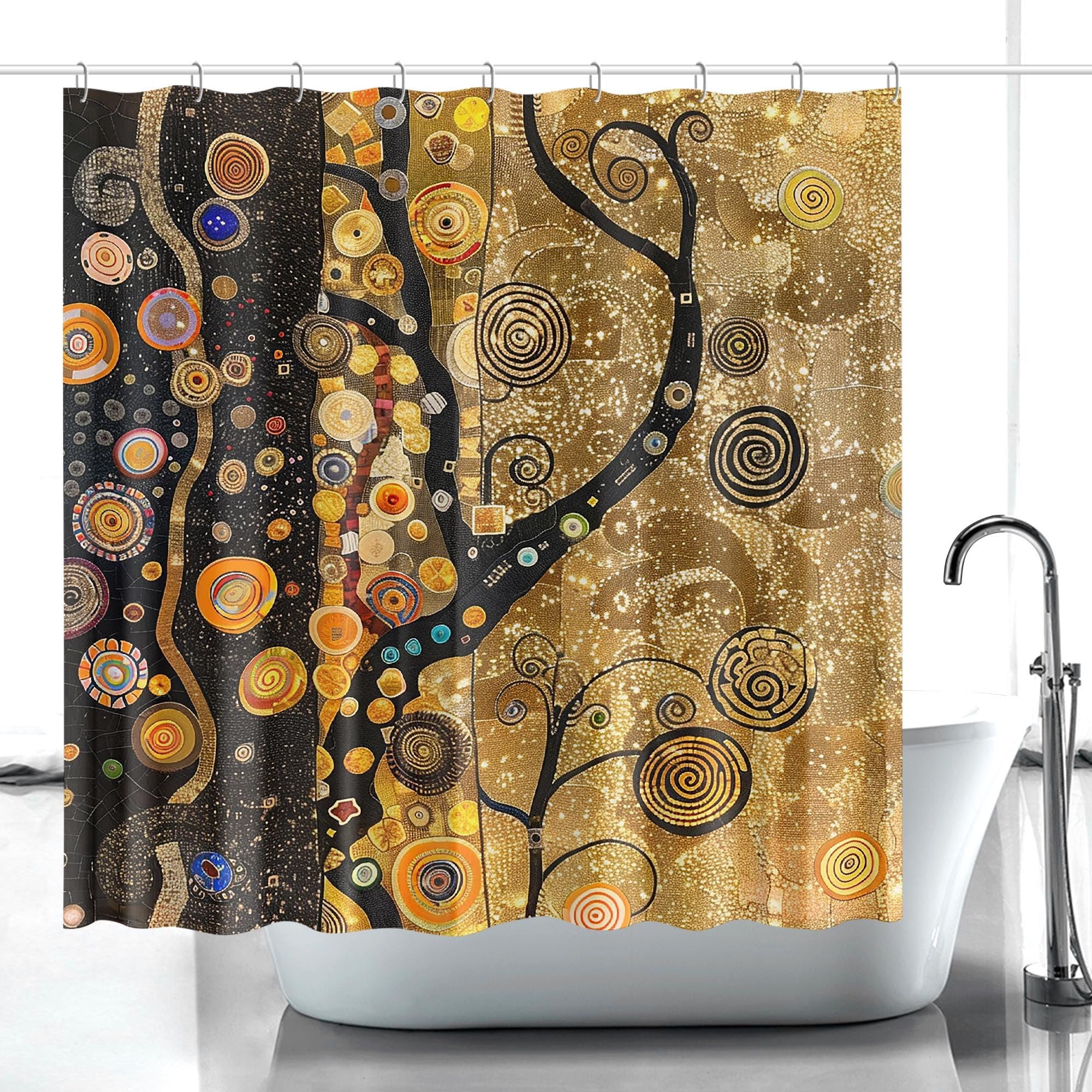Klimt-inspirierter Duschvorhang mit goldenen Baumspiralen, Badezimmervorhang/Badewannendekoration mit Haken (230 x 175 cm / 91 x 69 Zoll (B x H))