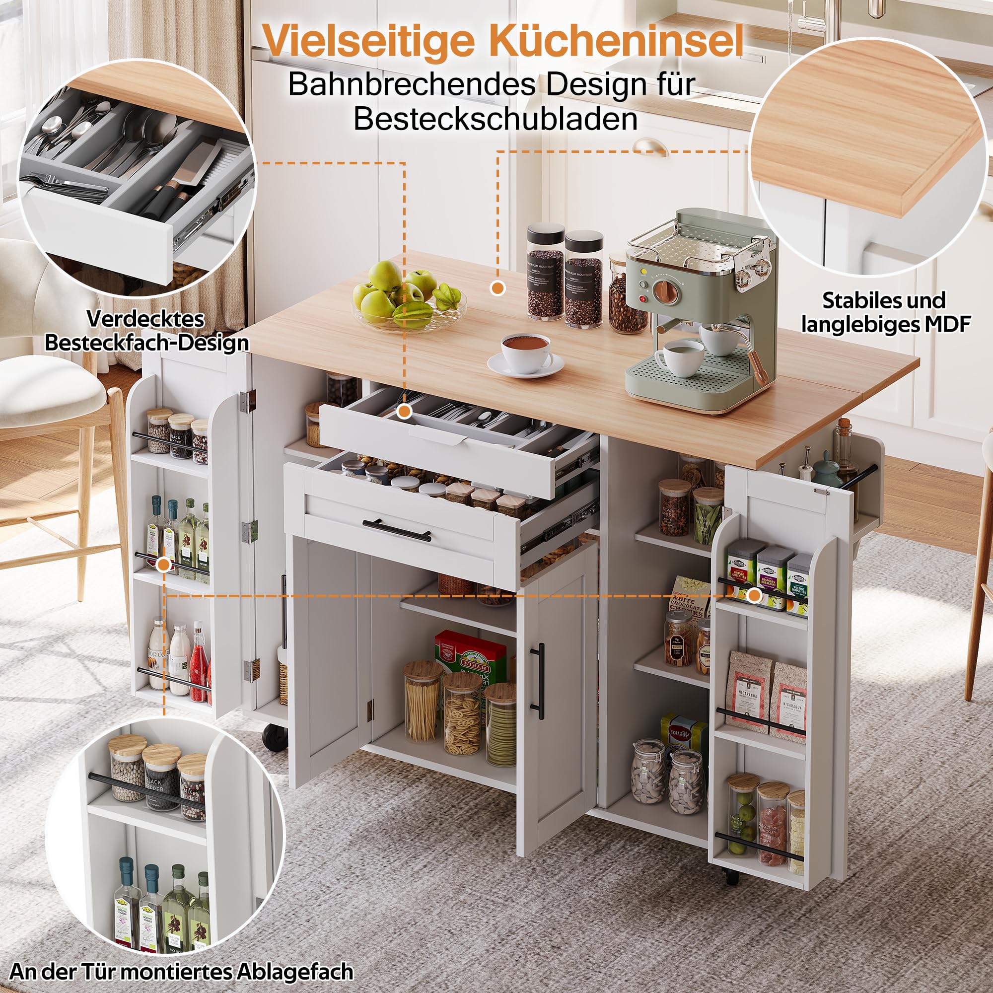 Isola da cucina indipendente con piano di lavoro pieghevole, carrello da cucina su 5 ruote, con ripiano e 2 cassetti, per cucina, sala da pranzo, 136 x 70 x 92 cm (bianco)