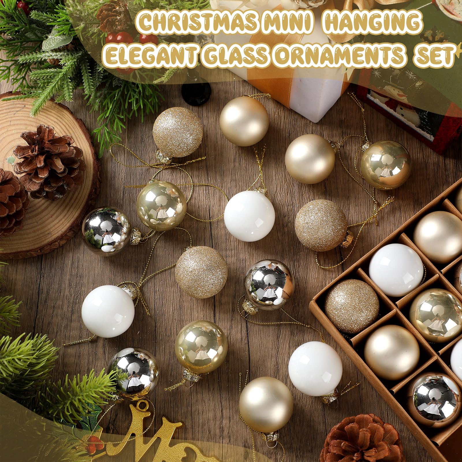 Soulchen 25 mini esferas de Navidad de cristal de 1.57 pulgadas, esferas neutrales para árbol de Navidad, modernas y pequeñas con purpurina, colgante elegante para suministros de fiesta de vacaciones