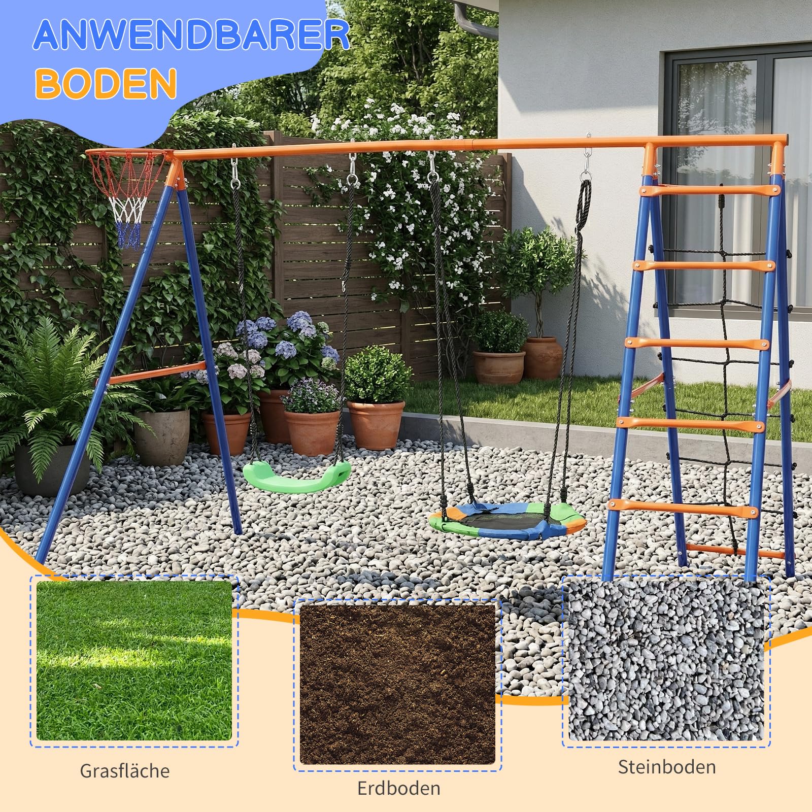 LEADZM Schaukel Outdoor für Kinder mit Klettergerüst, Basketballkorb