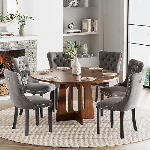 Miniatura 32 de Juego de mesa de comedor redonda de 47 pulgadas para 4, mesa de cocina de mármol sintético blanco circular con 4 sillas de comedor tapizadas de Mesa