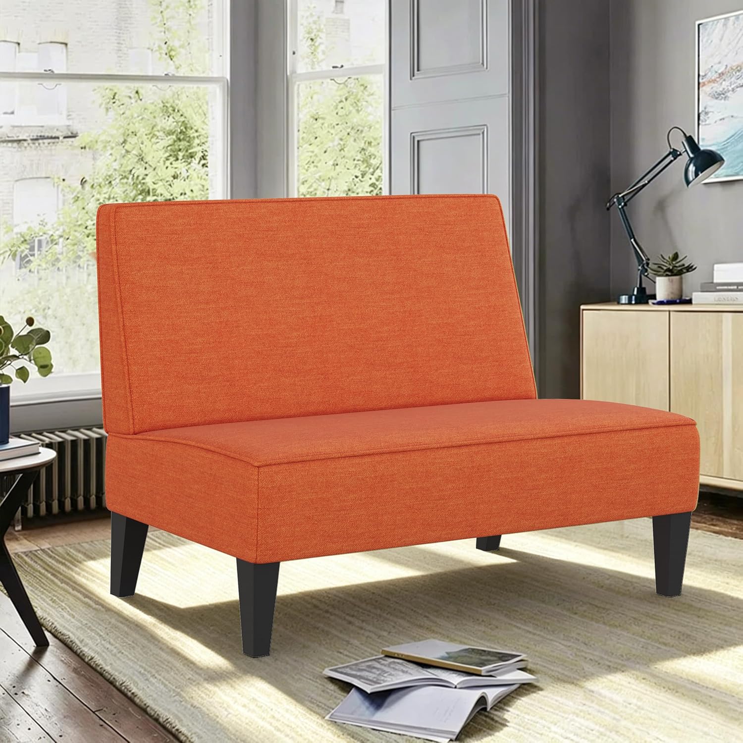 Changjie Furniture Small Loveseat Sofa Upholstered Mini Couch for Small Spaces 2-Seater Sofa Couch with Wooden Legs for Bedroom Living Room (Orange)