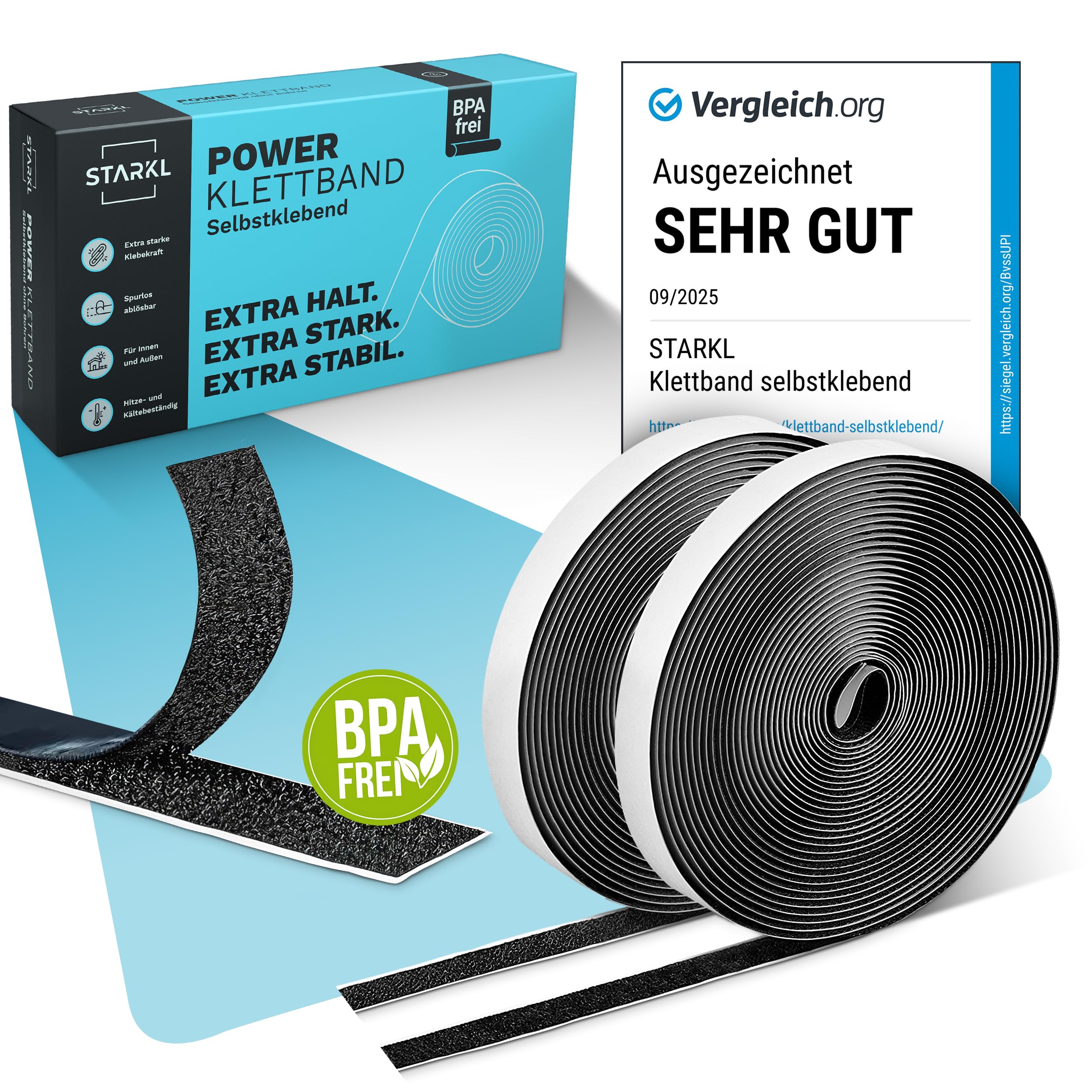 Klettband Selbstklebend Extra Stark - BPA Frei - 5m x 10mm - Klettverschluss Selbstklebend Schwarz - Klett Klebeband Extra Breit - Selbstklebendes Klettband Beidseitig - Klettbänder