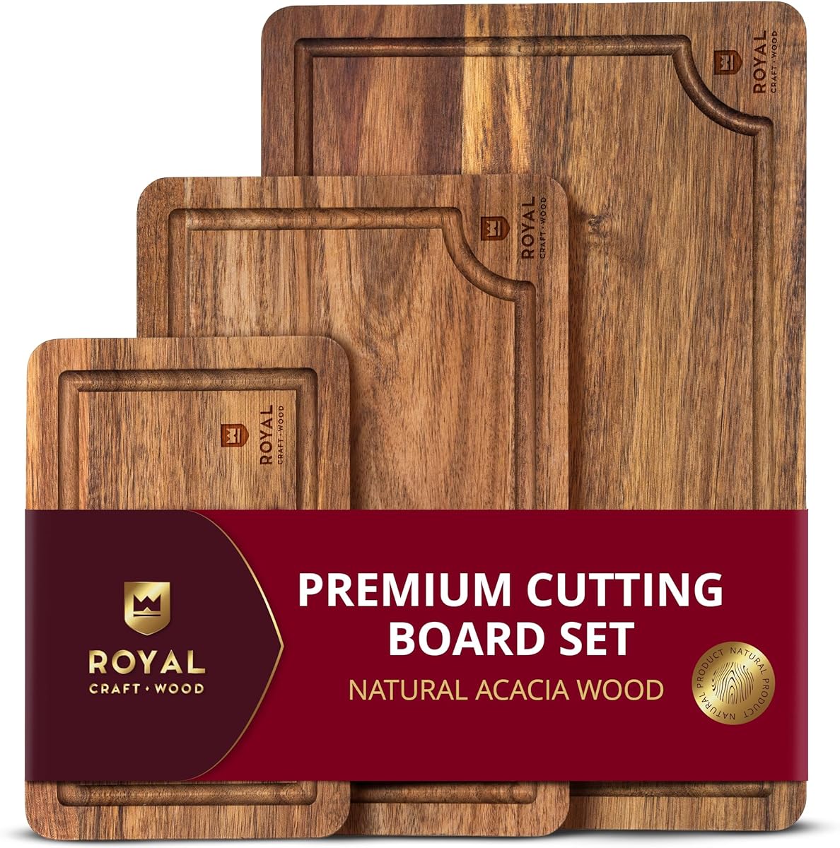 ROYAL CRAFT WOOD Acacia Wood Cutting Boards Set of 3 – Premium Wooden Cutting Boards for Kitchen Meal Prep & Serving - Charcuterie & Chopping Butcher Block for Meat with Deep Juice Groove Side Handles