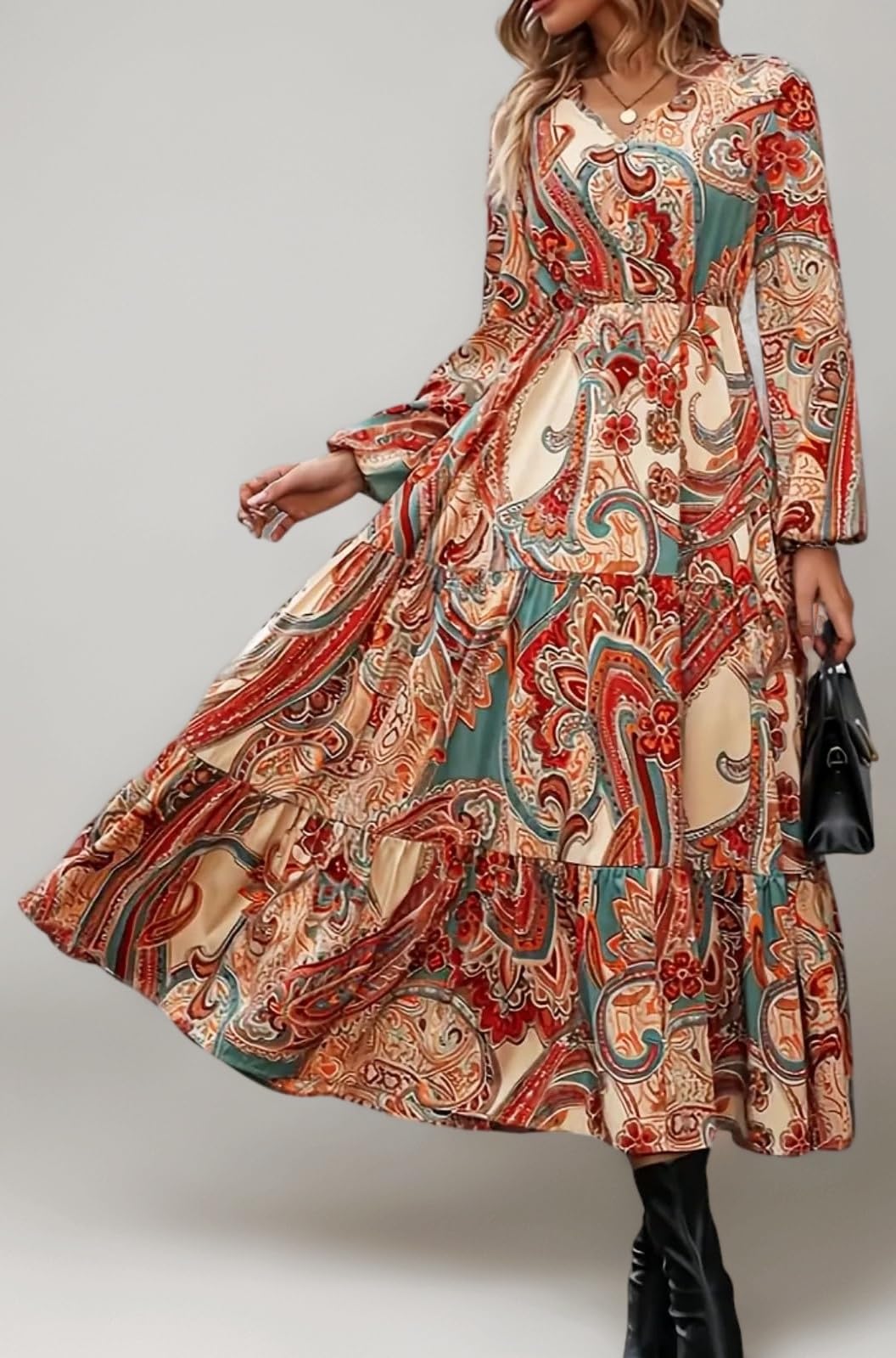 Women's Printed Boho Maxi Dress | Long Flared Style with Full or Puff Sleeves | Ethnic Pattern Gown for Festive, Holiday & Everyday Wear