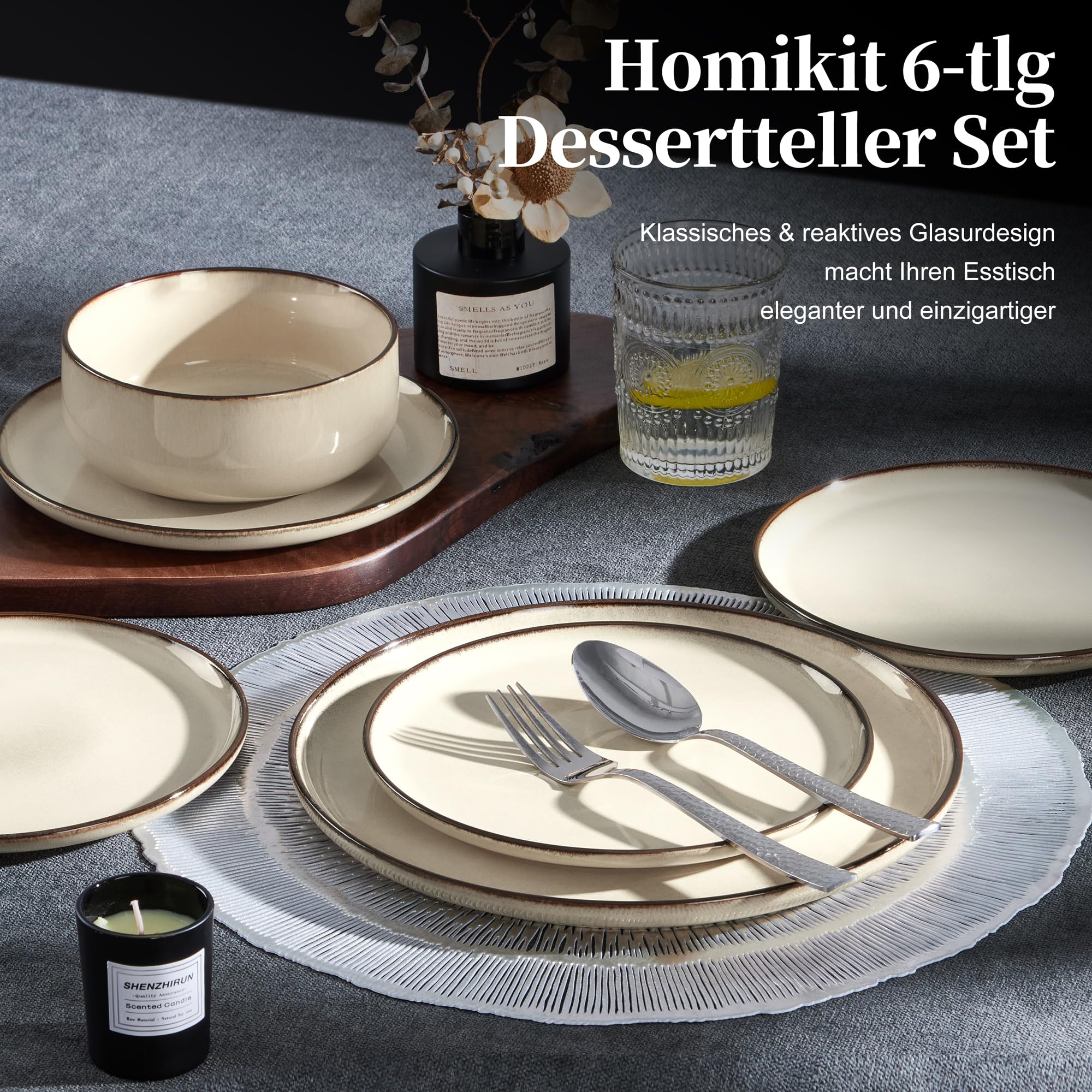 Homikit Dessertteller, 6-tlg Steinzeug Klein Teller Set 20,2cm Khaki