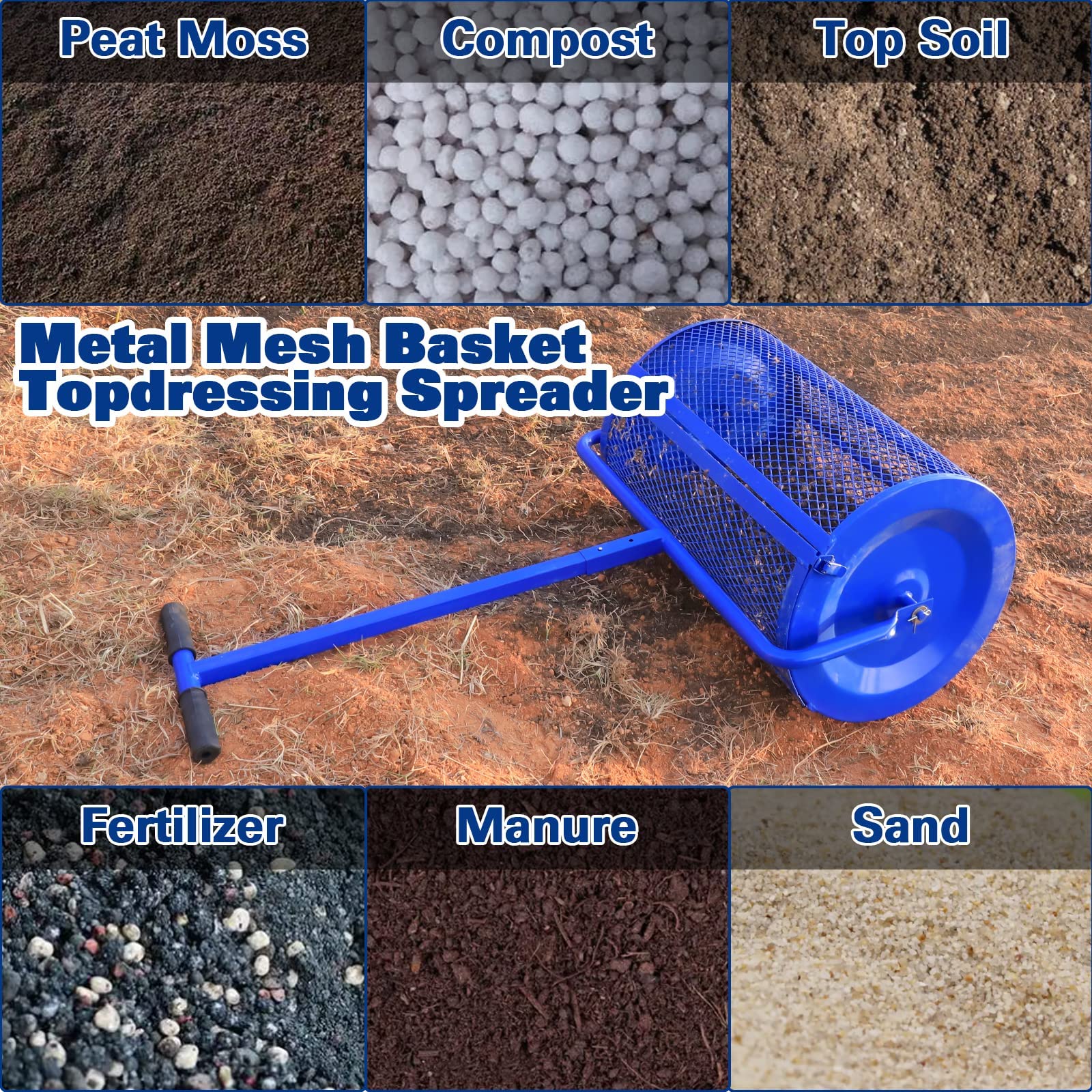 Spandiconcime per prato/giardino, spandiconcime per torba e compost, rullo per topdressing con cestello in rete metallica da 24" con maniglia a forma di T di aggiornamento per topdressing, compost,