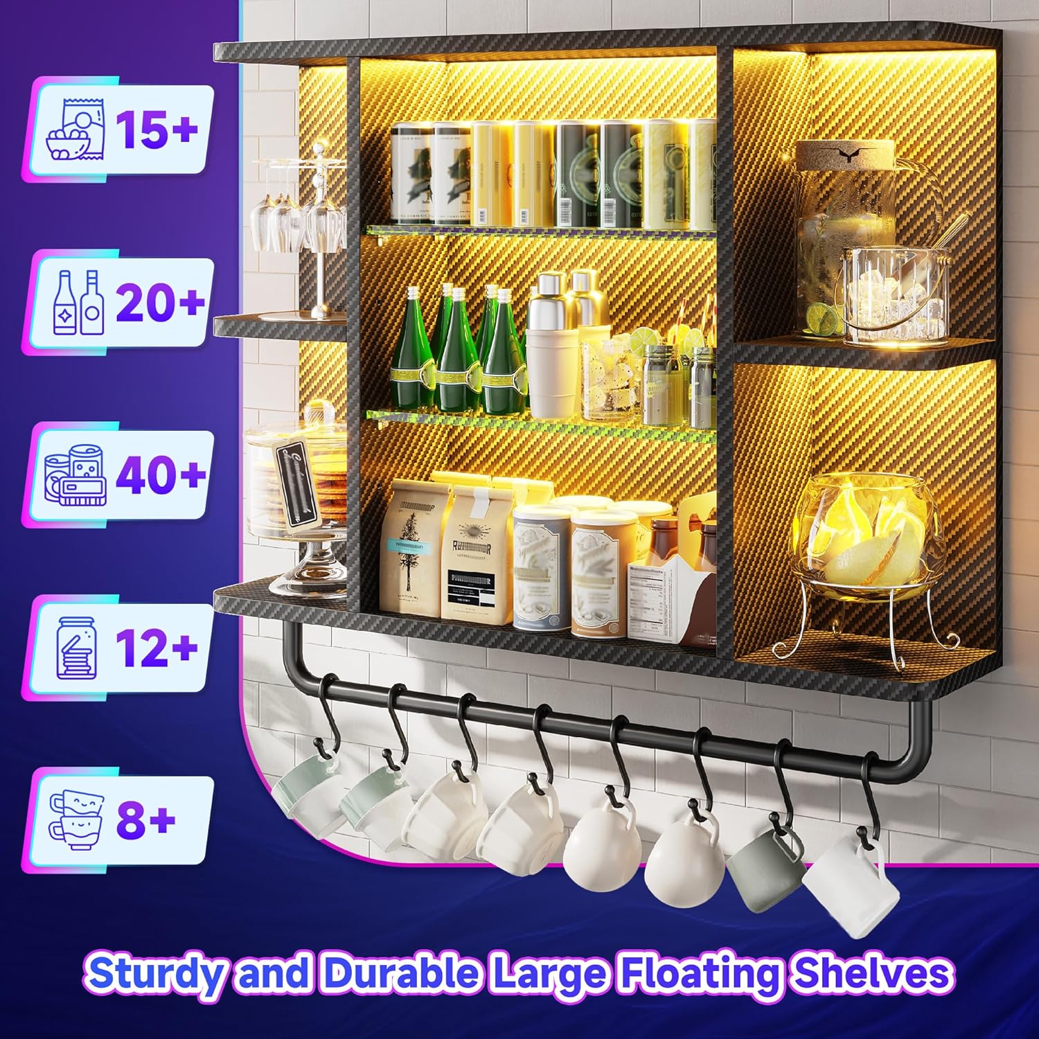REIBII 34" Gaming Floating Shelves, LED Wall Mounted Shelf with Adjustable Glass Shelf, 7 Tiers Display Rack with 8 S-Hook, Gaming Room Decor Wine Coffee Bar, Black Carbon Fiber