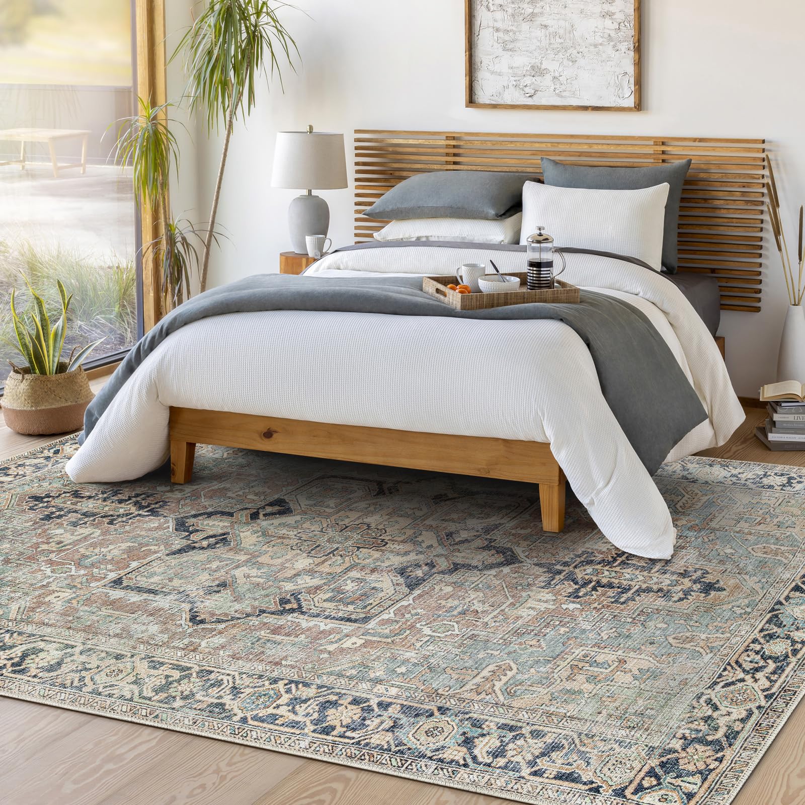Livabliss Dido Luxor Machine Washable Floor Covering 200x275 cm – Vintage Boho Style for Living Room, Dining, Kitchen & Hallway, Easy Care, Rust & Blue