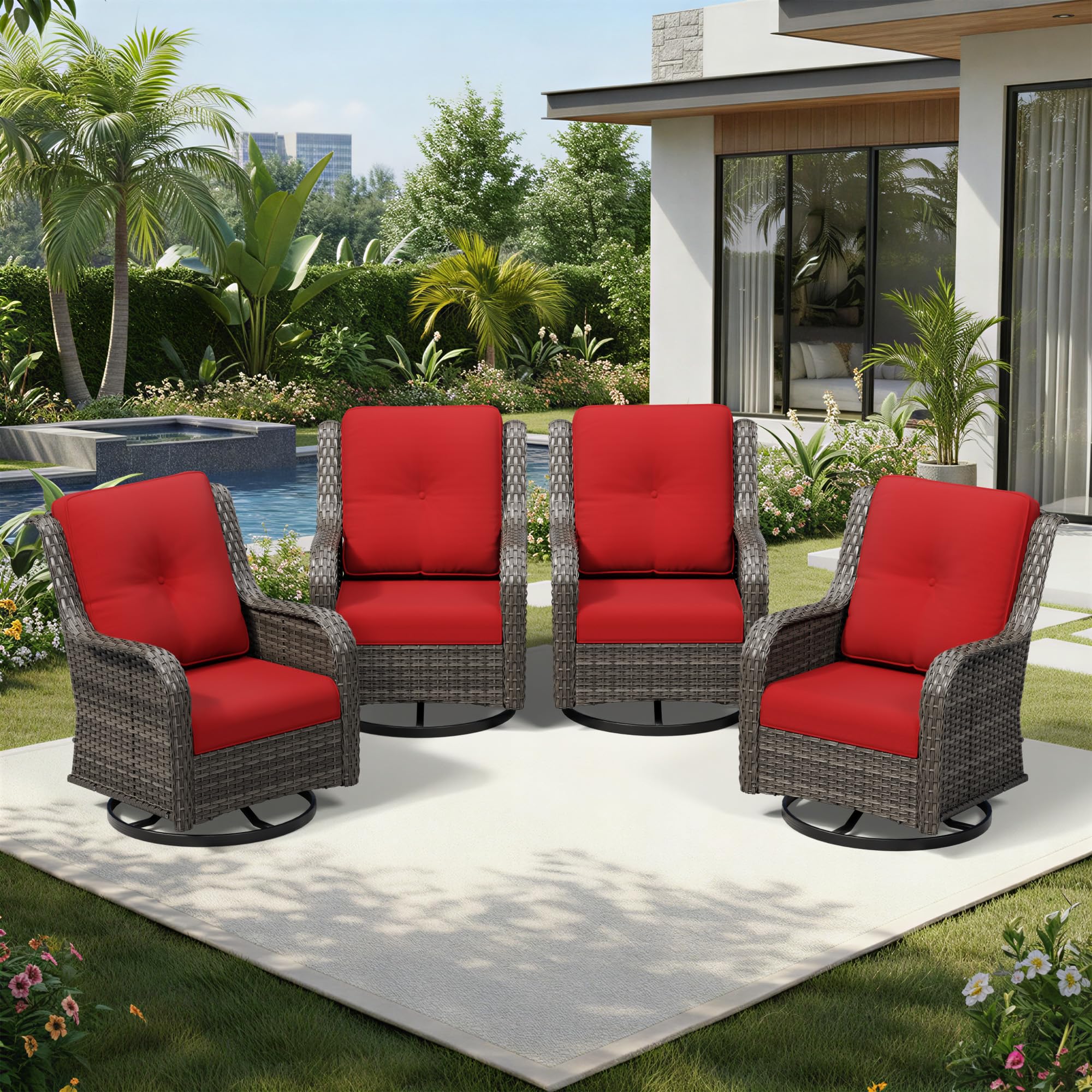 Joyside 4 Piece Outdoor Swivel Rocker Patio Chairs, Wicker Patio Furniture with High Back, Deep Seating, Wide Armrest, Thickened Cushions, Outdoor Rattan Furniture for Deck, Porch Use