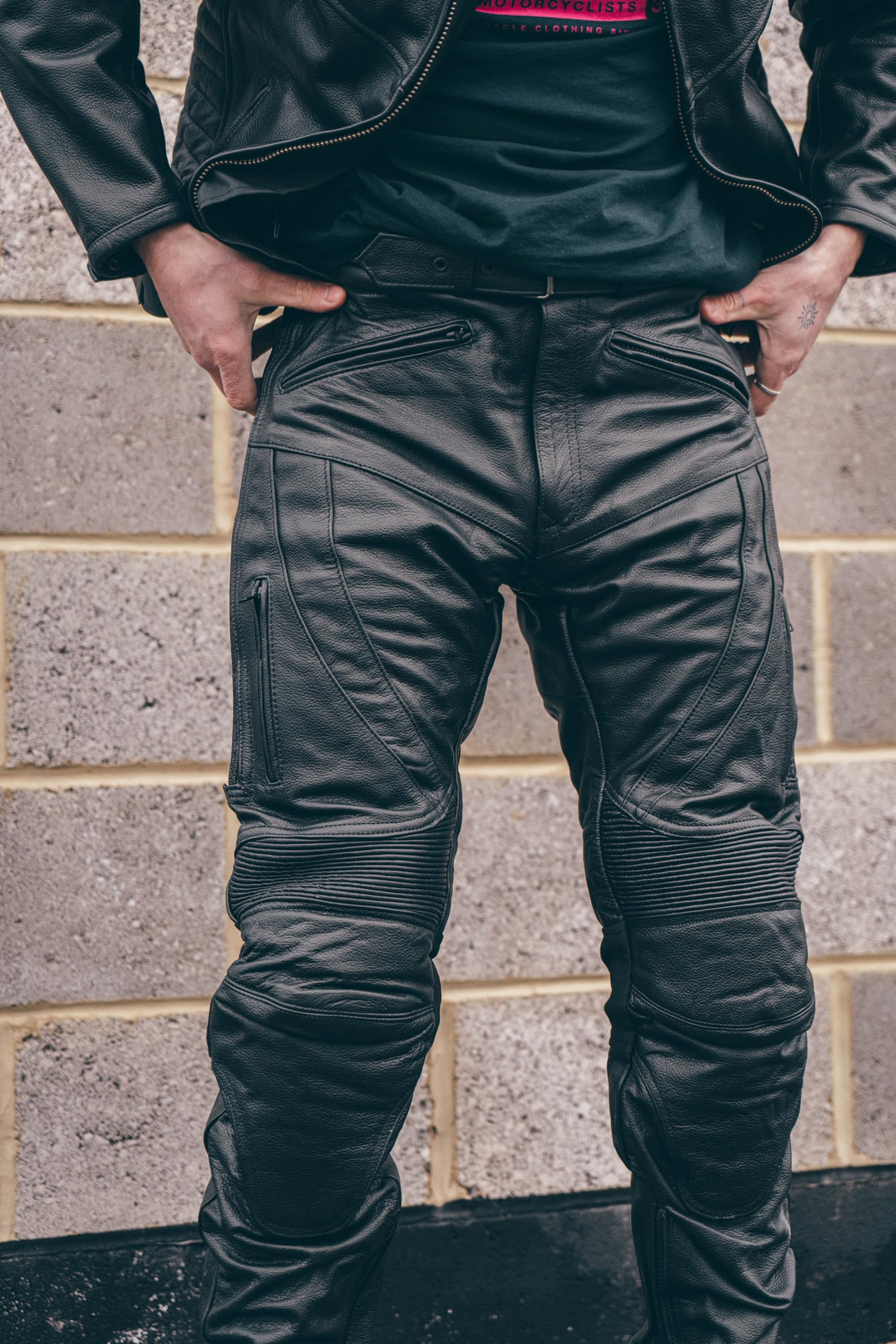 Texpeed Pantalon moto hommes - De tourisme en cuir pour Moto Cruiser avec protection authentique biker CE armor (EN 1621-1) Noir - (L Taille/Jambe Courte)
