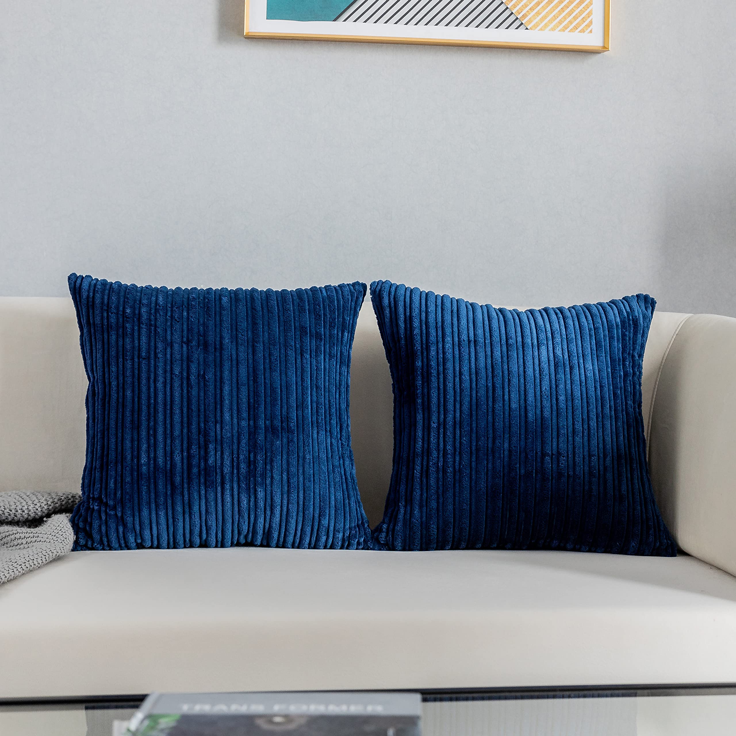 Kevin Textile Corduroy Cushion Covers 45 x 45 cm Set of 2, Soft Stripe Decorative Cushions Covers 18x18 Inch with Invisible Zipper for Chair Couch Sofa Bedroom, Navy Blue — image 1