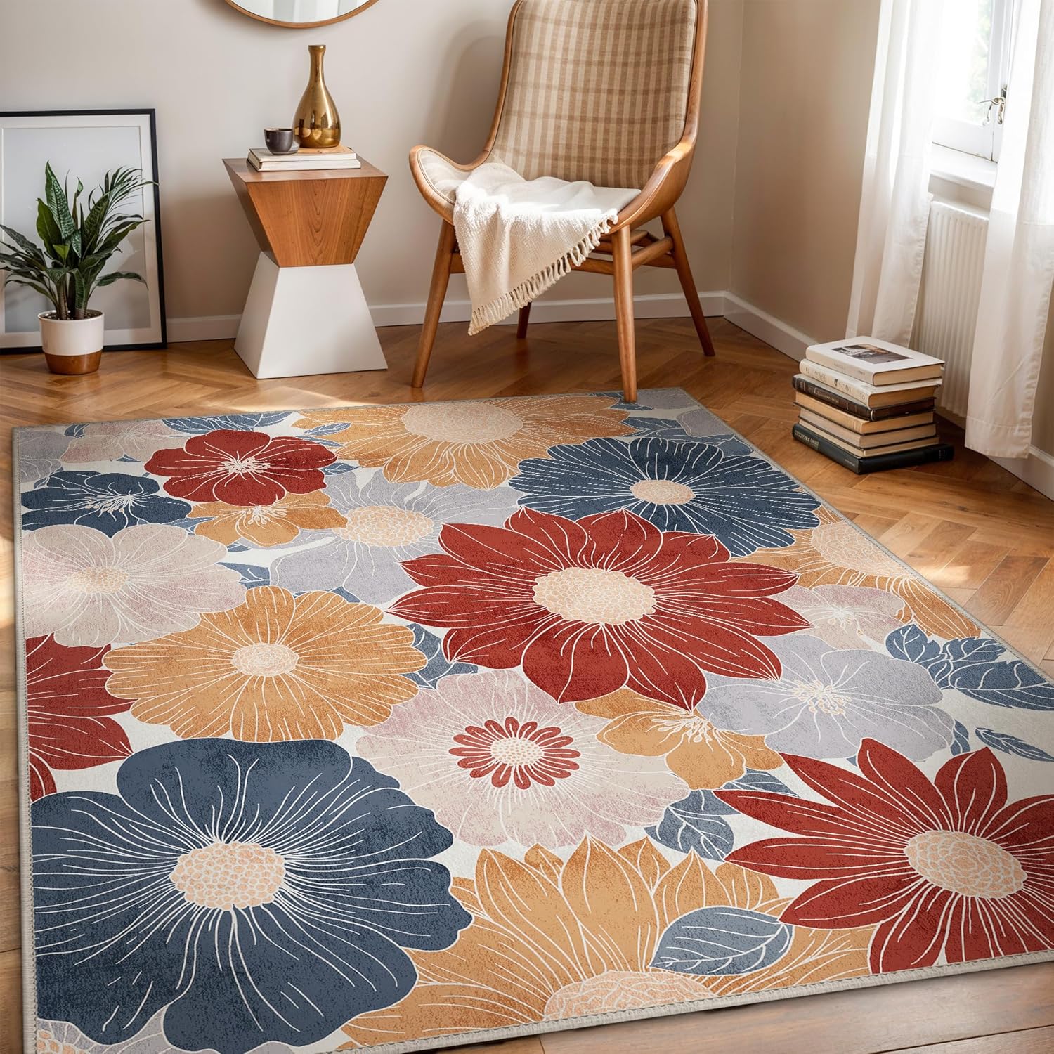 GENIMO Indoor Outdoor Area Rug 8' X 10' Waterproof, Washable Patio Rug Non Shedding, Easy Cleaning Floral Outdoor Carpet for Living Room, Bedroom, Dining Room, Balcony, Backyard, Deck, RV, Red Blue