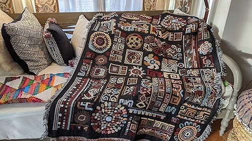 Miniatura 6 de DaDa Bedding - Elegante manta de tapiz con adornos bohemios, tela étnica única, formas geométricas, color negro con borlas de flecos, diseño