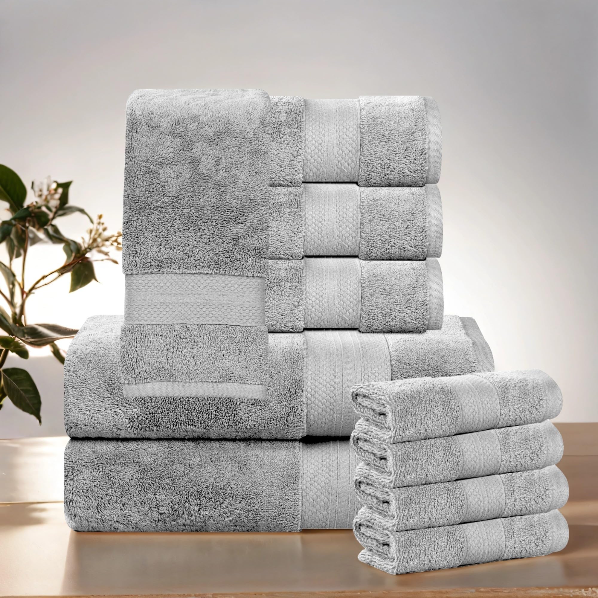 Superior Turkish Cotton 10-Piece Towel Set, 2 Bath, 4 Hand, 4 Face Towels/Washcloth for Home, Guest, Master Bathroom Essentials, Hotel, Spa, Shower,