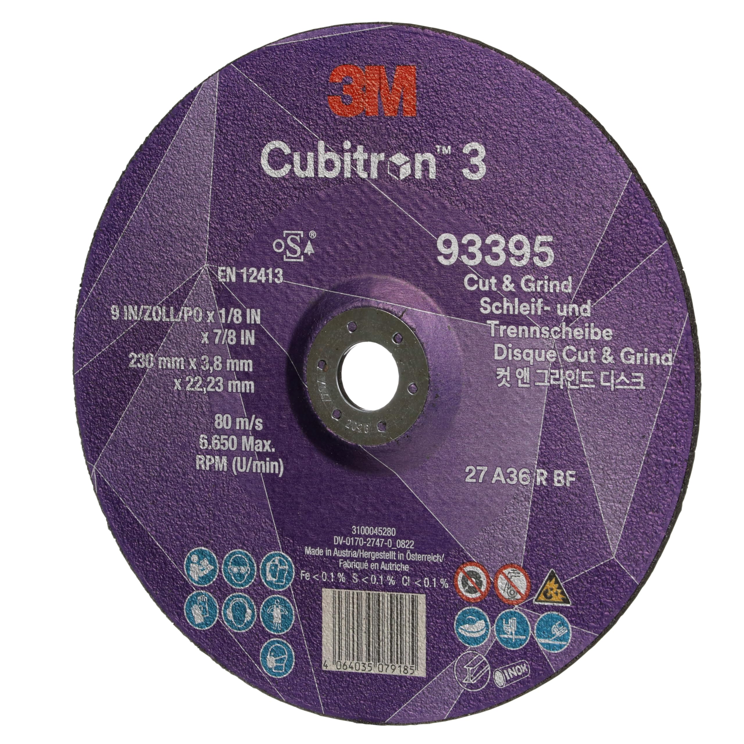 3M Cubitron 3 Cut and Grind Schruppscheibe, 93395, 36+, T27 | 230 mm x 3,8 mm x 22,23 mm, EN, 10/Pack
