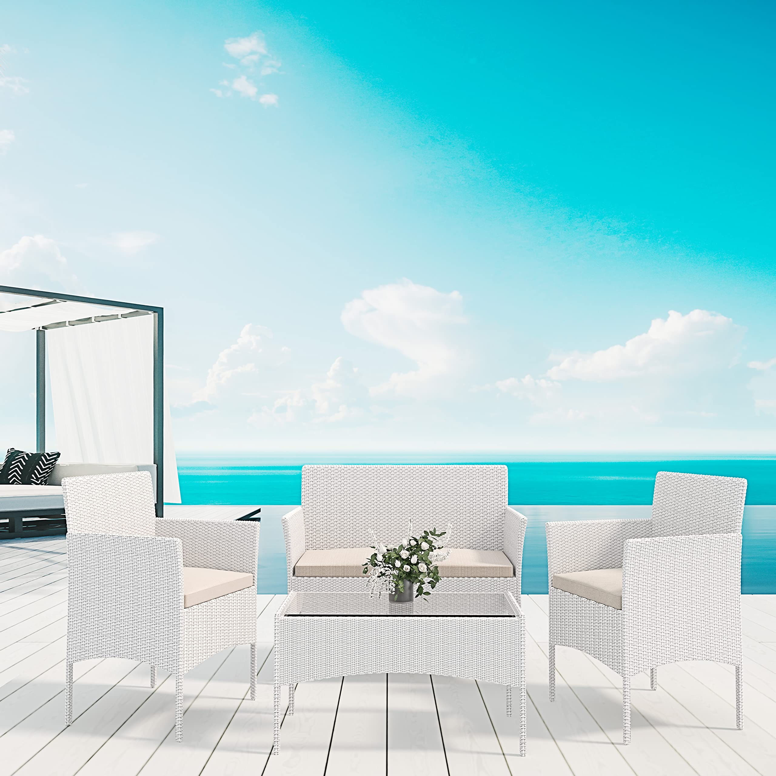 Arreditaly Ensemble de meubles de jardin salon salon en rotin 4 places avec table basse et étagère en verre 2 fauteuils et canapé 2 places pour jardin extérieur piscine coussins amovibles (blanc)