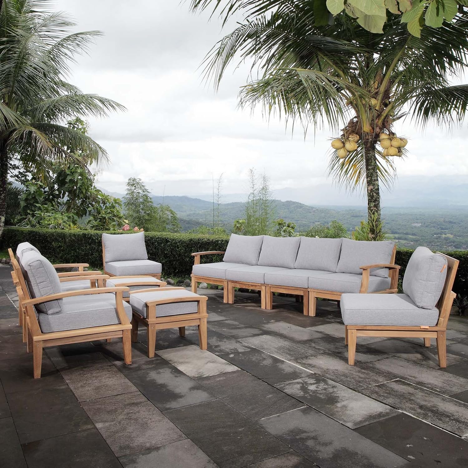 Modway EEI-1489-NAT-GRY-SET Marina Premium Grade A Teak Wood Outdoor Patio Furniture Set, 10 Piece, Natural Gray