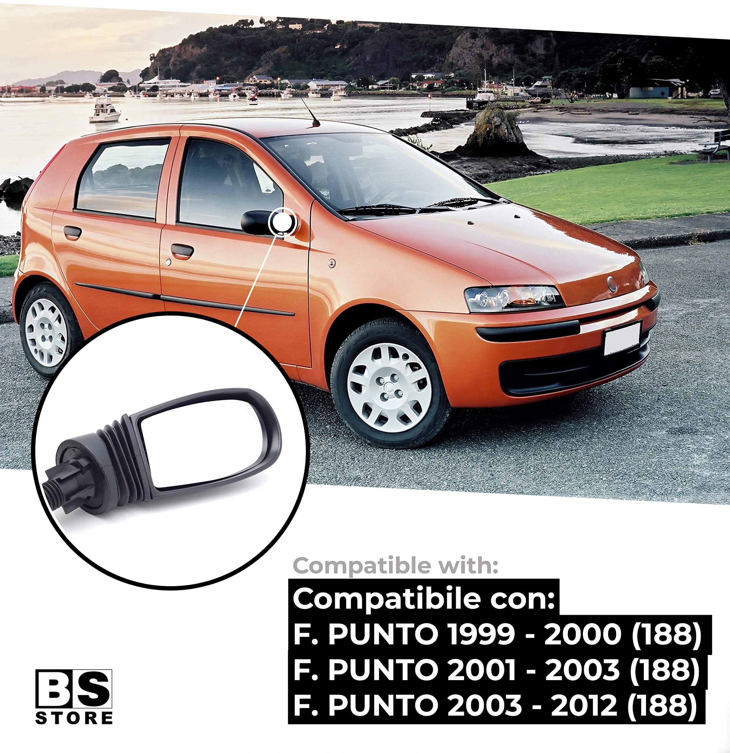 BSSTORE Specchietto Retrovisore Esterno Nero per PUNTO dal 1999 al 2012 (188) Completo con Specchio e Regolazione Meccanica (Destro - Lato Passeggero)