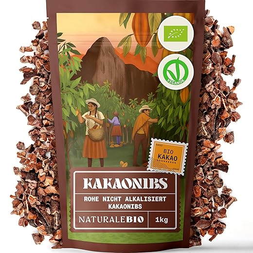 Roh Kakao Nibs Bio 1Kg. Organic Raw Cacao Nibs. Rohkost, natürlich und rein. Produziert in Peru aus der Theobroma Cocoa Pflanze. Quelle für Magnesium, Kalium und Eisen.