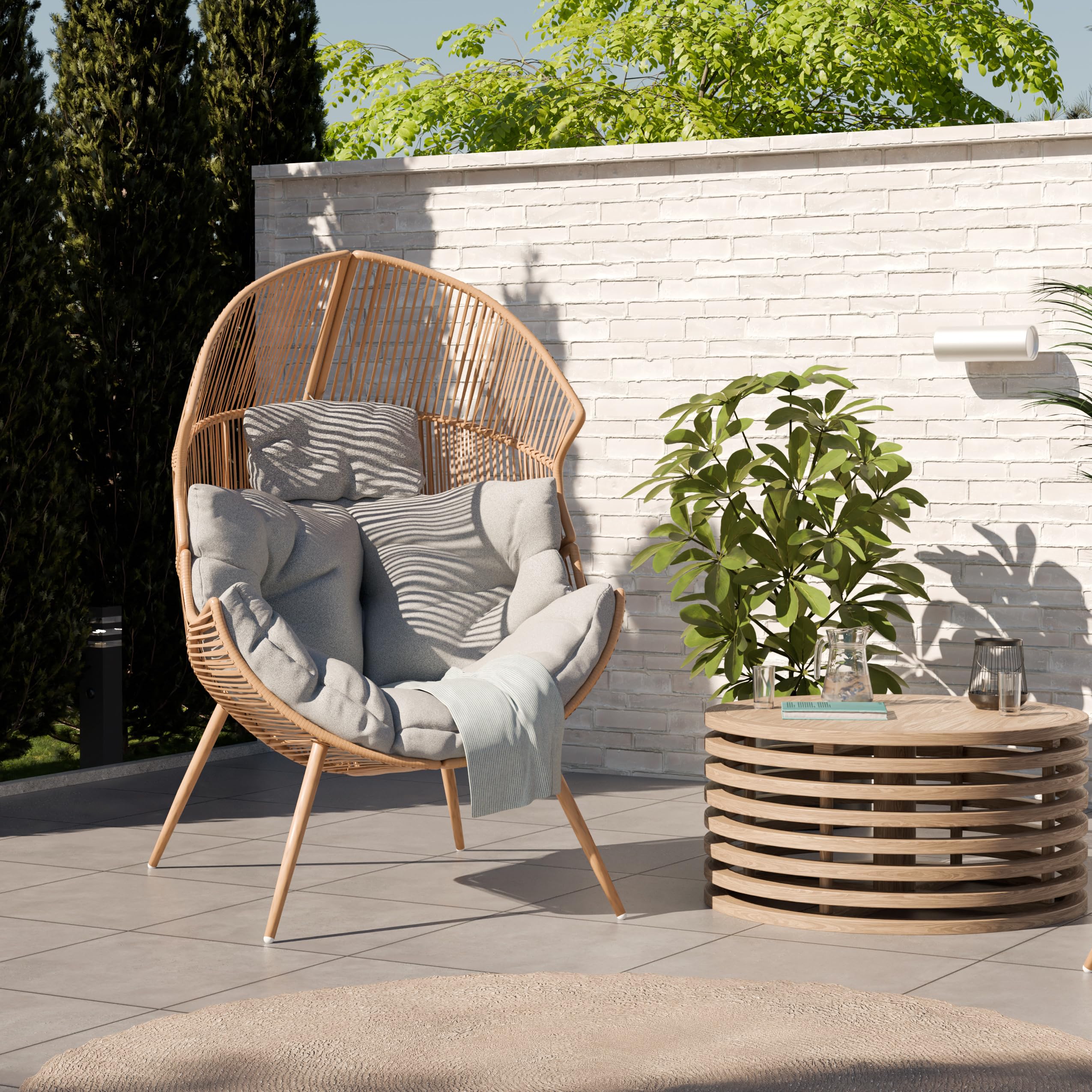 Summery, fotel rattanowy, odporny na warunki atmosferyczne, fotel ogrodowy z poduszką do siedzenia, fotel balkonowy, fotel wiklinowy na taras, poduszka odporna na działanie wody, szara, wyściełana