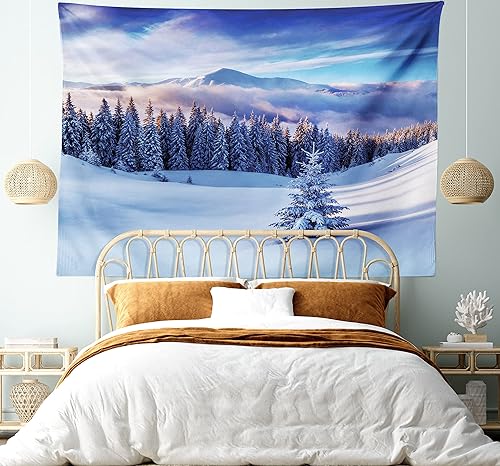 Miniatura 5 de Ambesonne Tapiz de invierno, paisaje surrealista de temporada fría, picos de alta montaña y pinos nevados de coníferas, colgante de pared ancho para