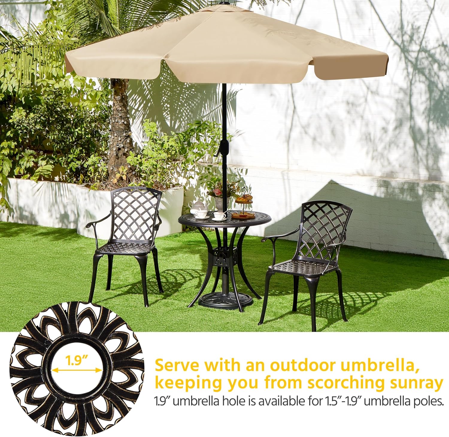 Yaheetech 31in Cast Aluminum Patio Table with Umbrella Hole, Outdoor Round Anti-Rust Small Coffee Bistro Table with Umbrella Hole, Outdoor Furniture for Porch, Backyard, Garden, Bronze