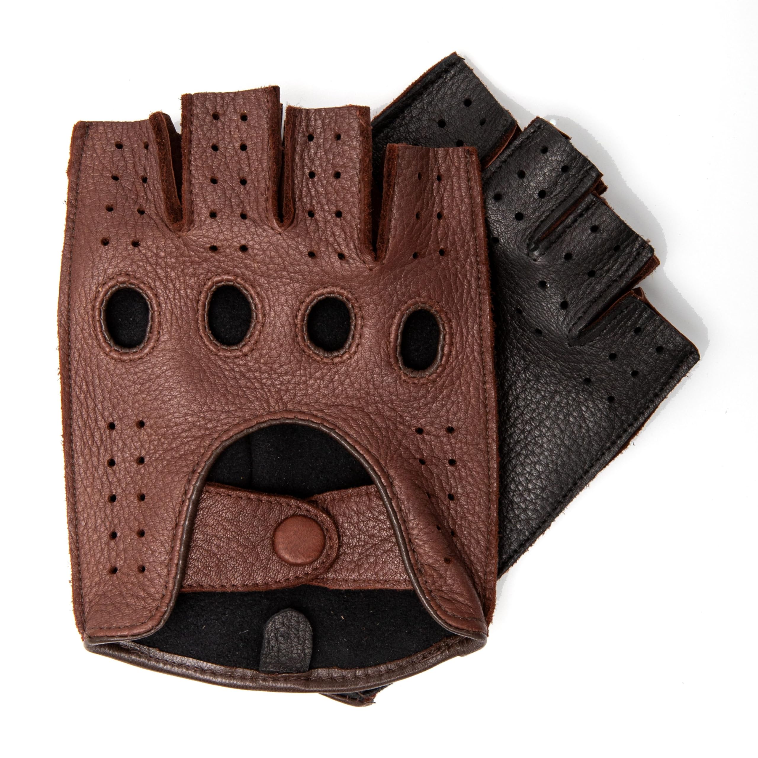 Hirschleder Herren Auto-Handschuhe, handgenäht, fingerlose Autofahrerhandschuhe, ungefüttert, zweifarbig, halbfinger, Lederhandschuhe, Motorrad