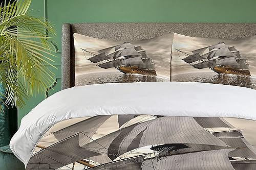 Miniatura 515 de Ambesonne Juego de funda de edredón de brújula, ilustración de mapa del mundo, marinero marítimo, equipo de vida monocromático, juego de ropa