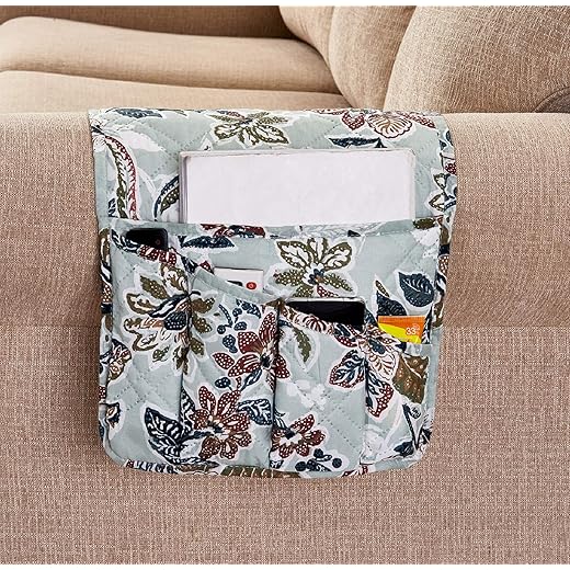 Brilliant Sunshine Vintage Beautiful Green Flowers Sofa Armrest 5 Pockets Organizer, Slip Resistant Couch Chair Armrest Caddy, Storage for TV Remote Control, Phone, Glasses, Magazine, 35"×13", Green