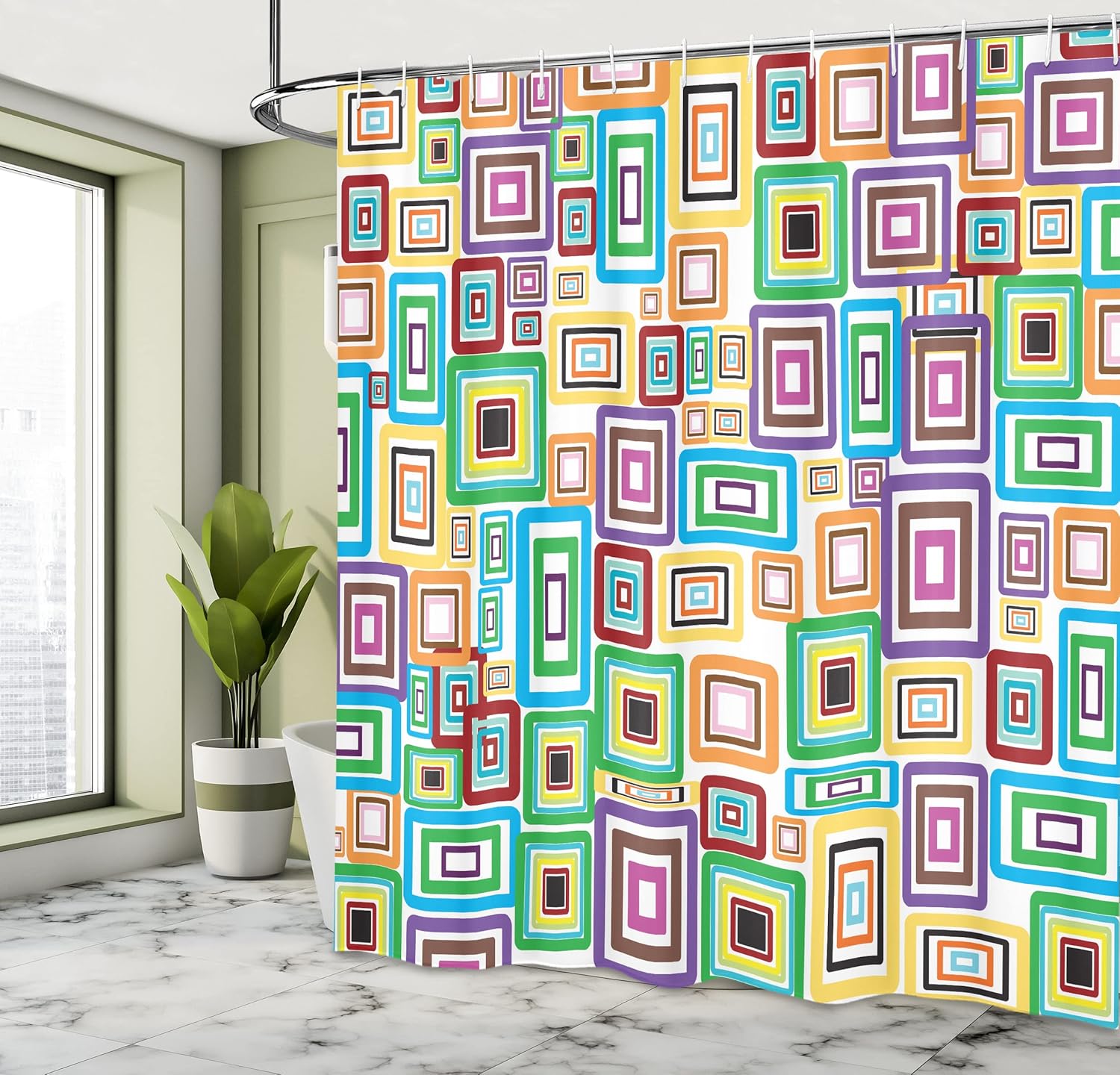 Ambesonne Geometric Shower Curtain, Abstract Colorful Rectangle Stroke Picture Frames Ornaments Artwork Design Print, Cloth Fabric Bathroom Decor Set with Hooks, 69" W x 70" L, Multicolor