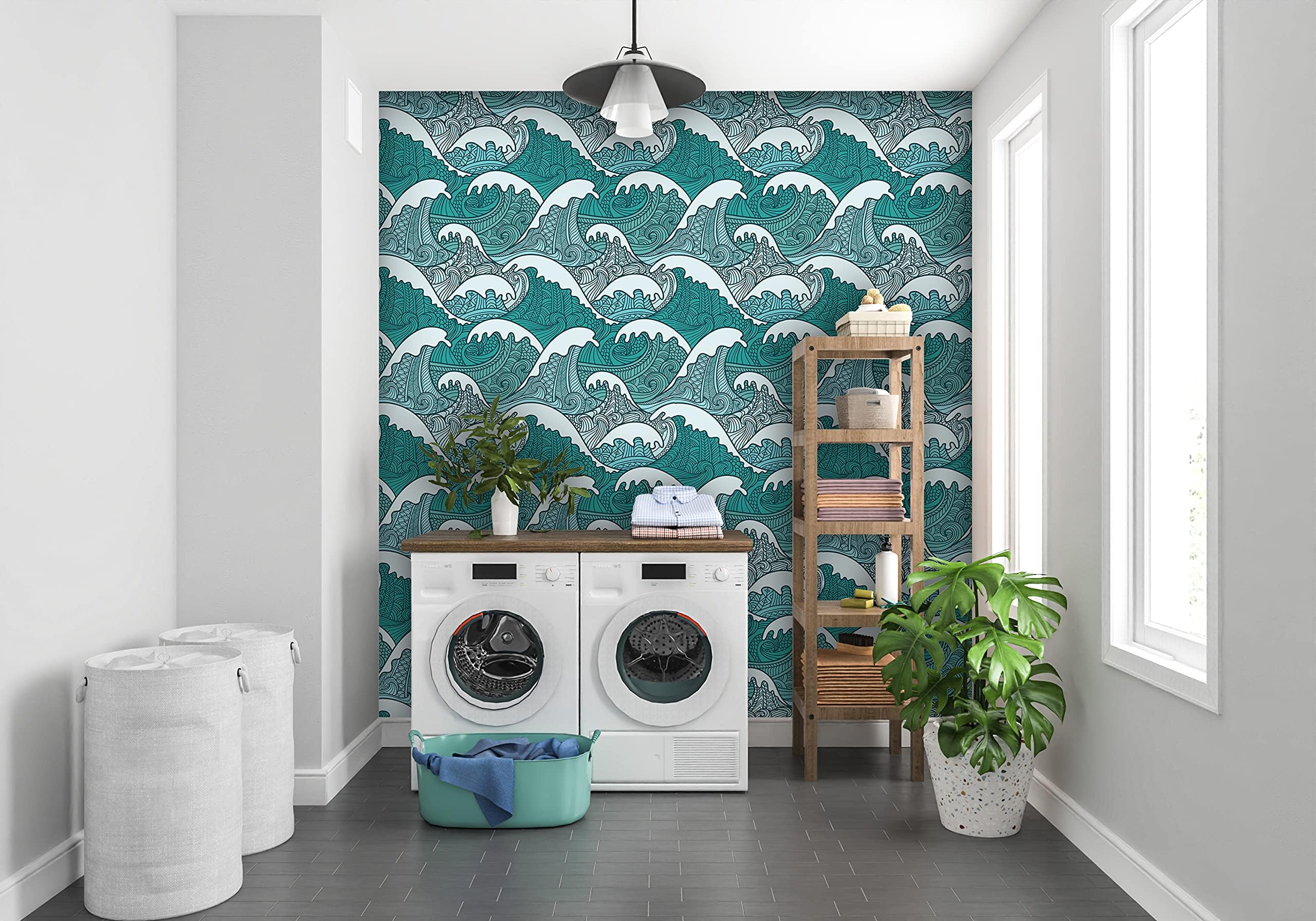 Self Adhesive Traditional Japanese Style Removable Wallpaper - Oriental Art Blue Green Waves Peel and Stick Wall Decal Fabric CC096