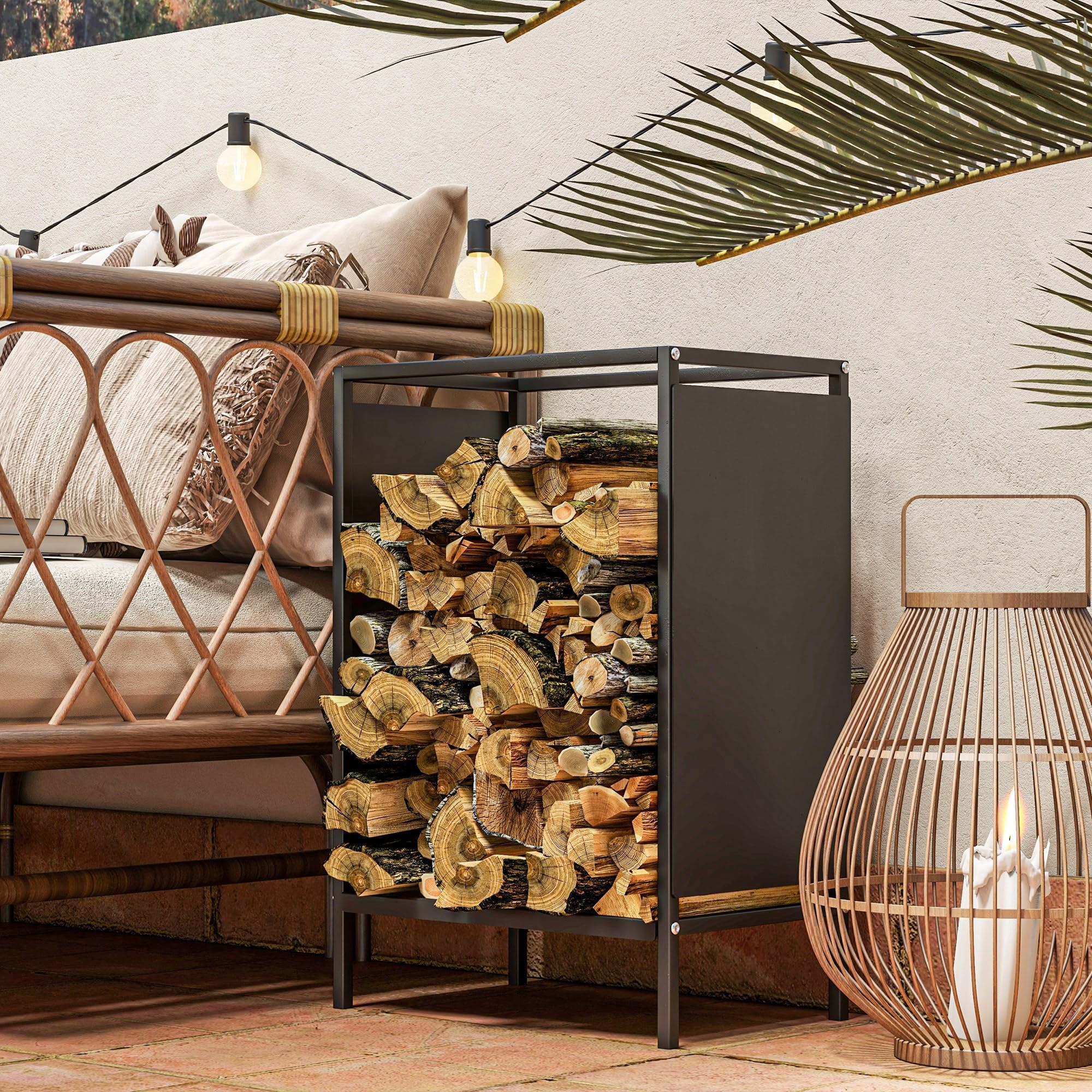 Outsunny Range bûche interieur porte bûche de cheminée support de bois de chauffage pour intérieur extérieur, rack de stockage en acier, 44 x 28 x 65 cm, noir